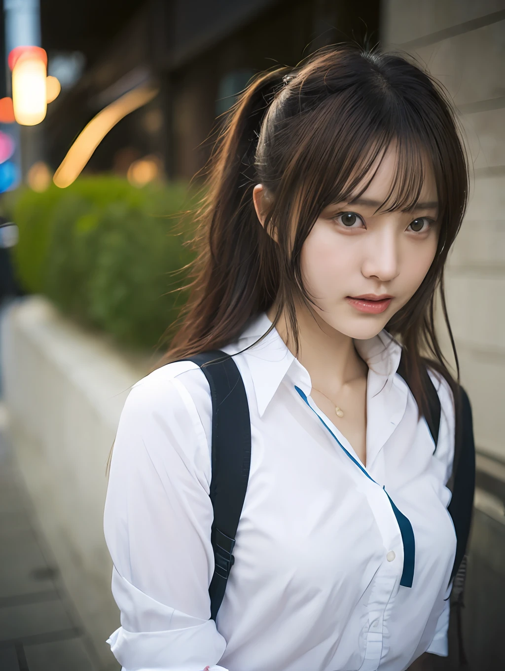((Realistic lighting, best qualtiy, 8K, tmasterpiece:1.3)), sharp fokus:1.2, 1girll, Beautiful Women with Perfect Figure:1.4,((dark brown hair)), (Japanese-style school uniform:1.4),(exteriors,during night:1.1),the city street,Ultra-fine face,Fine eyes,二重まぶた,