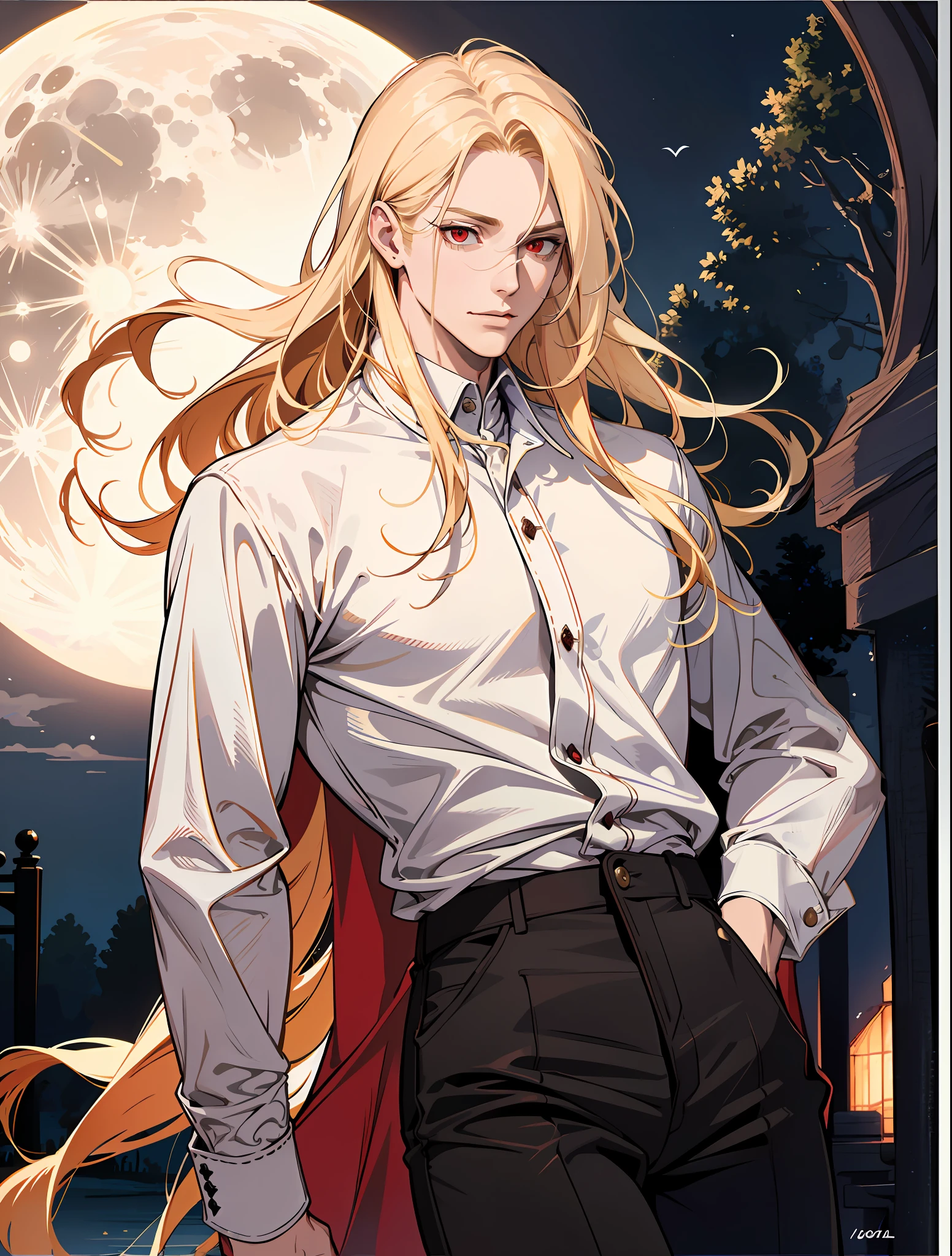 (absurdres, highres, ultra detailed), 1man, 30 years old man, adult man, handsome, tall,, finely detailed eyes and detailed face, leather pants, (((white shirt))), night, smile, dutch angle, ((long hair, blonde hair)), moon, gold details, gothic, vampire, vampire prince, dark, simple clothes, looking at the view, pale skin, red detailed eyes, (masculine), sexy, elegant, long bangs, detailed hands, (((red eyes))), ((((surprised))))