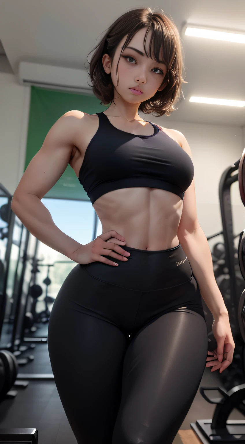1girl, thin waist, abdomen, gym clothes, leggings, detailed legs, detailed face, full body,