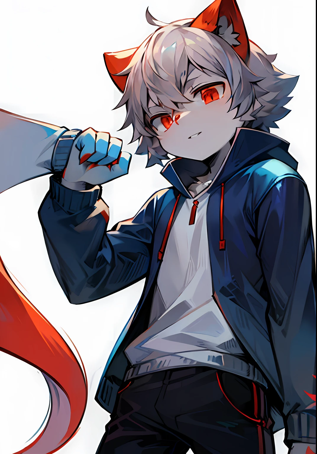 catss,Gray hair and red eyes,Blue and white coat color,adolable,theelementoffire,vivaciousness,A boy with,underage,Casual sweatshirt,lively and lovely,shorter pants,Villain style