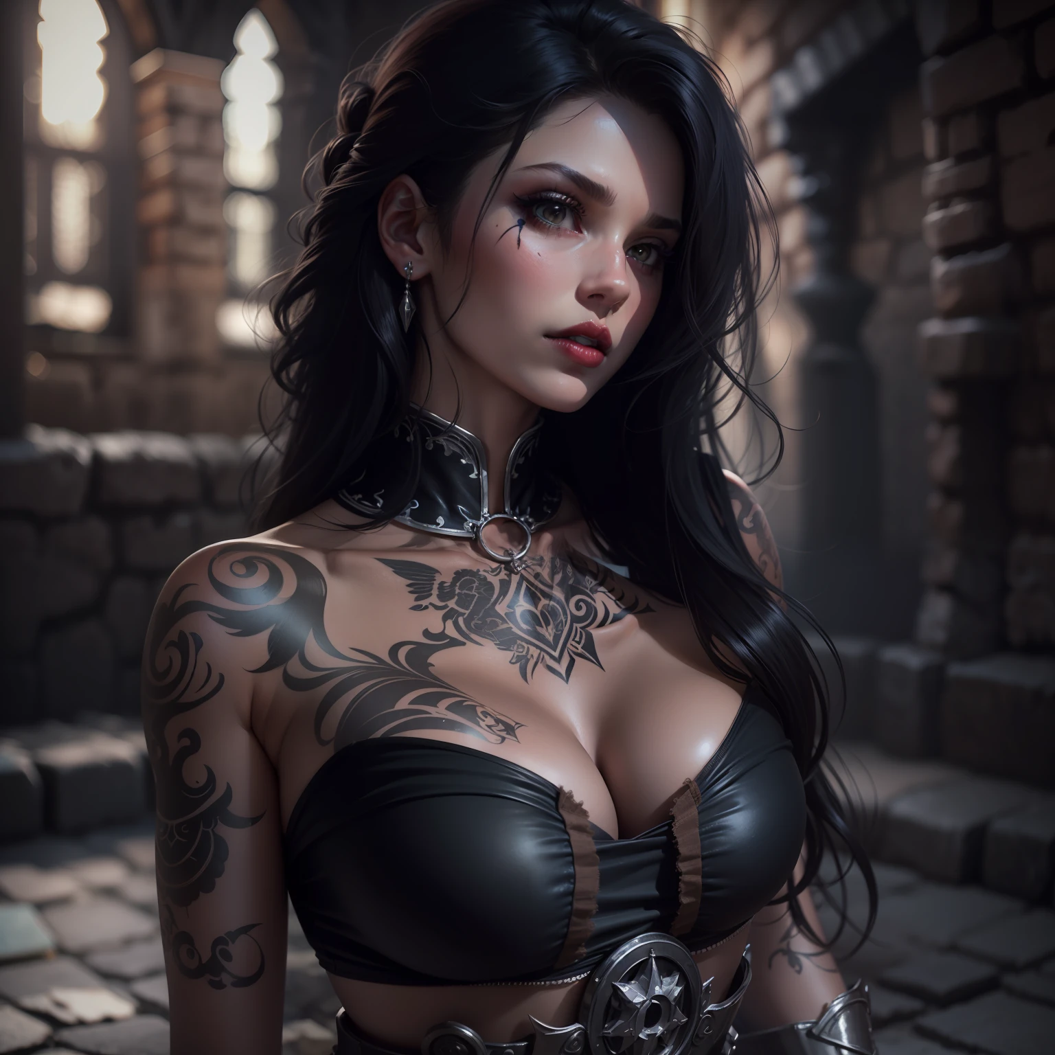 full body Beautiful bustied caucasian seductress::10, totally lubed::10, detailed face, black messy flowing hair::10, deep eyes, dark makeup, full lips, dark red lipstick, tattoos on torso, black magical symmetric runic tatoos cover her arms, chest, thighs and belly::10, "high boots over the knee", D&D, microbikini, in a medieval dungeon, sly look, roughened appearance, mysterious aura, dark atmosphere, mysterious aura, bright skin, hyper detailed, cinematic, hyper realistic, 8k, 35mm film grain, Anti-Aliasing, cinematic, cannon 6d, octane render, vintage aesthetic