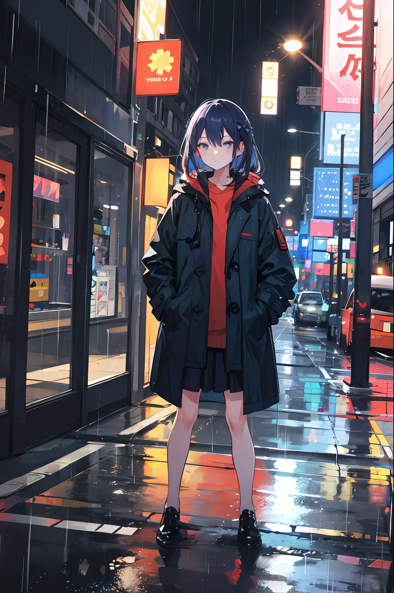 1girl, Night City, rain, coat, hands in pockets