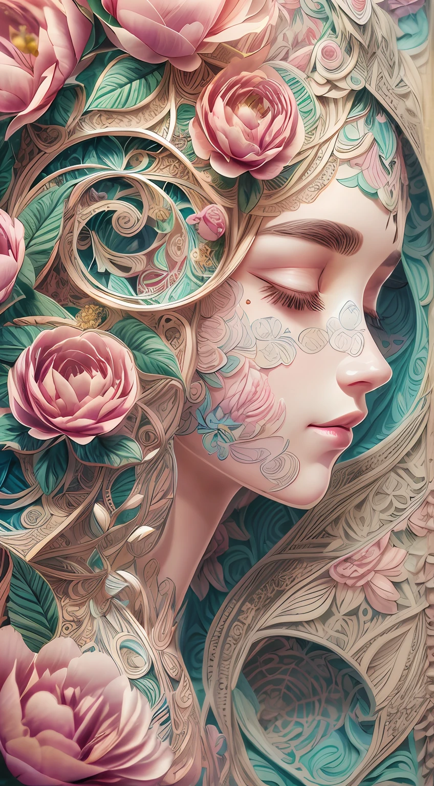 (illustration:1.3),paper art, zentangle，3D rendering，Spring，(Beauty side face,close eyes:1.3)，(peonies:1.2), Colorful, Best quality, Detailed details, Masterpiece, offcial art, Cinematic lighting effects, 4K,