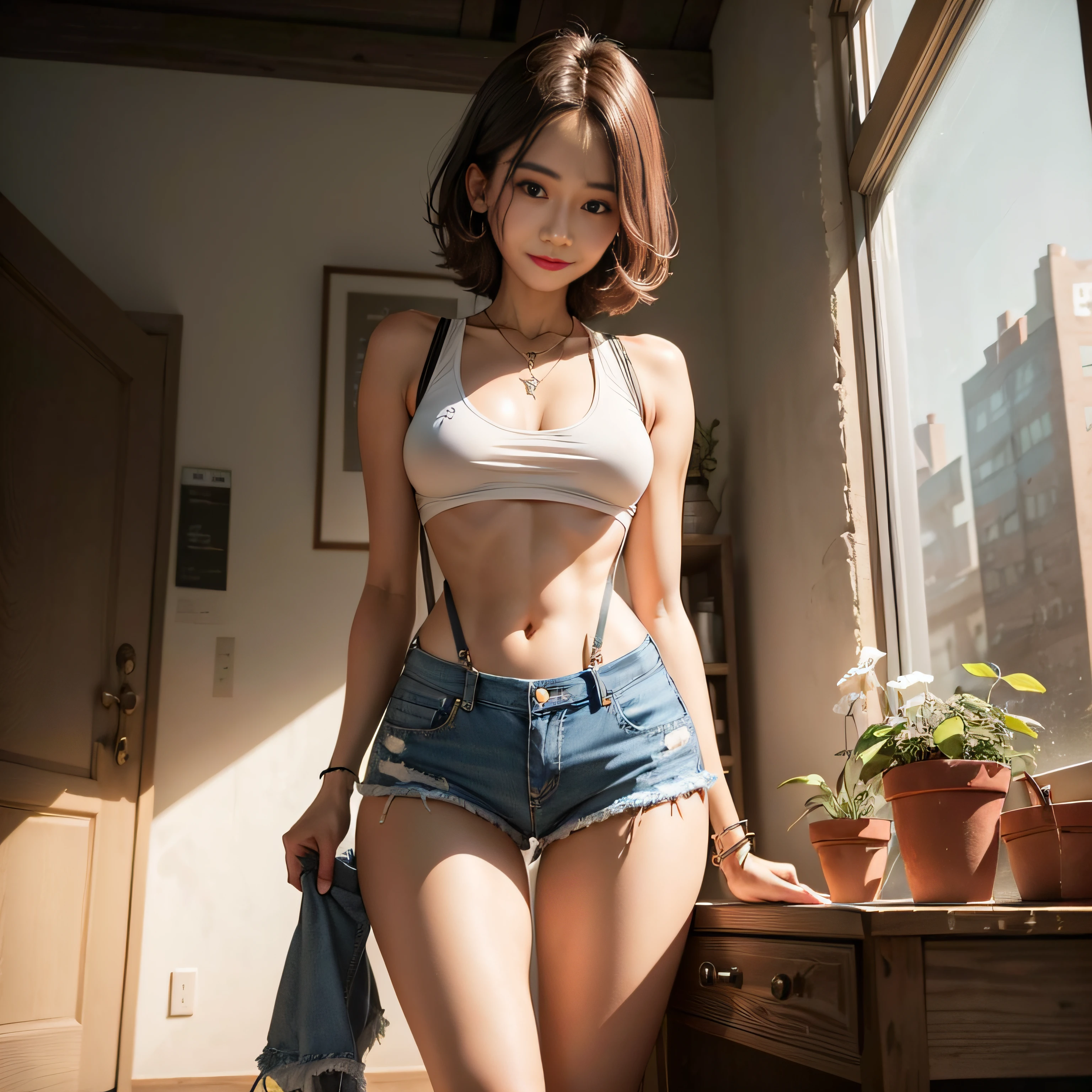 one-girl,Suspenders,denim short,long leges,slim toned body,18yr old ,Full body photo,8K high-definition,Korean female student,brown hair,ssmile,There are moles under the eyes,White teeth,Sheer top,Thin leg,Metal necklace,耳Nipple Ring,Thigh erfly tattoo