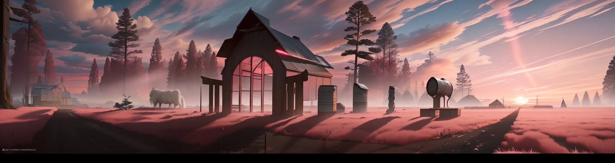 A peaceful rural scene, The sky sunset, The sky is filled with pink clouds, high Tall trees, seen from a low angle,
cinematic lighting, detailed shadows and highlights, trending on artstation, hyper - detailed, insane details, intricate details, beautifully color graded, unreal engine
