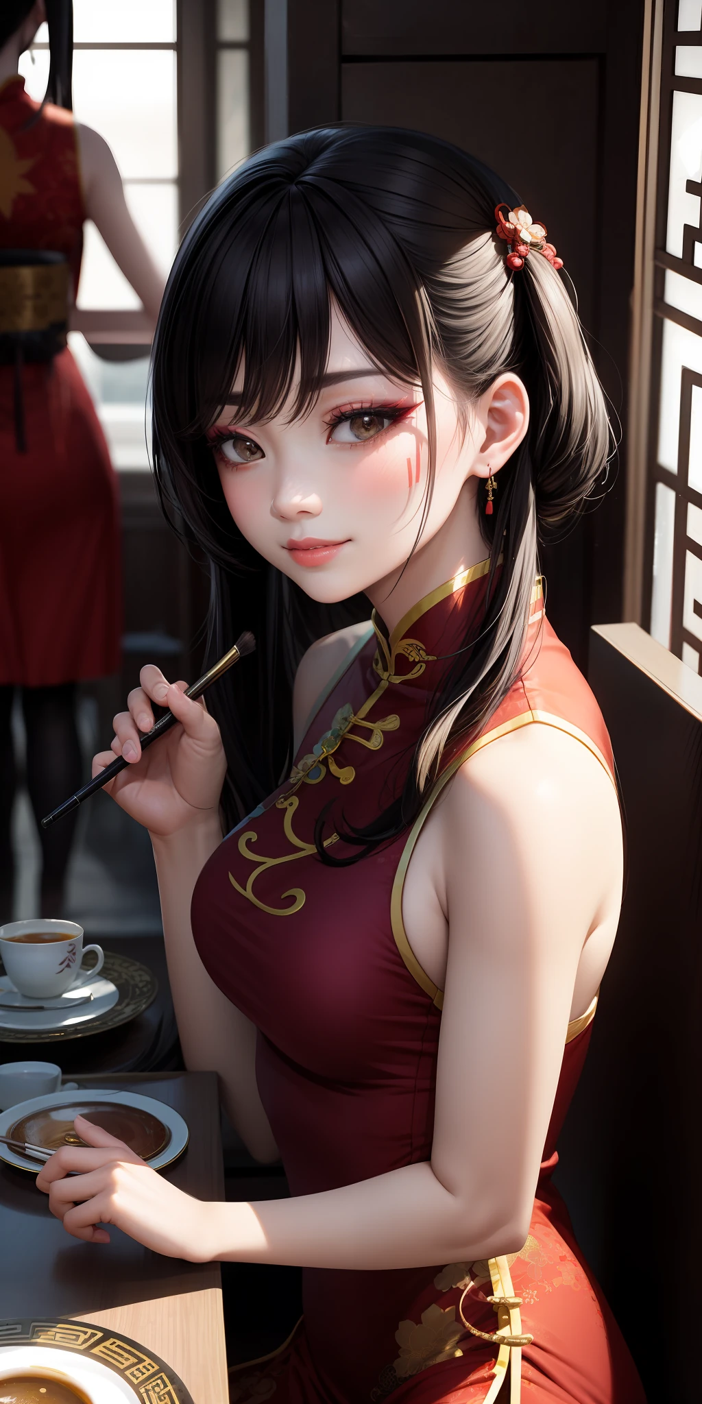 realisticlying,2girls,putting makeup on,ChineseGirl,lips parted,Be red in the face,(chinaware),Light smile,east asian architecture,suns,rays of sunshine,inverted image,hair adornments,on cheongsam,mature