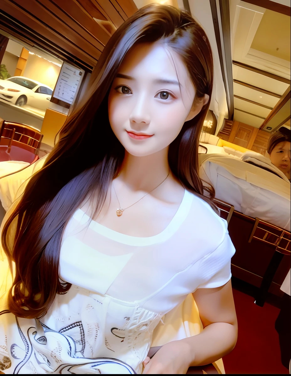 a close up of a woman with long hair wearing a white shirt,  smooth white tight clothes suit，Looking at a handsome boy in the hotel