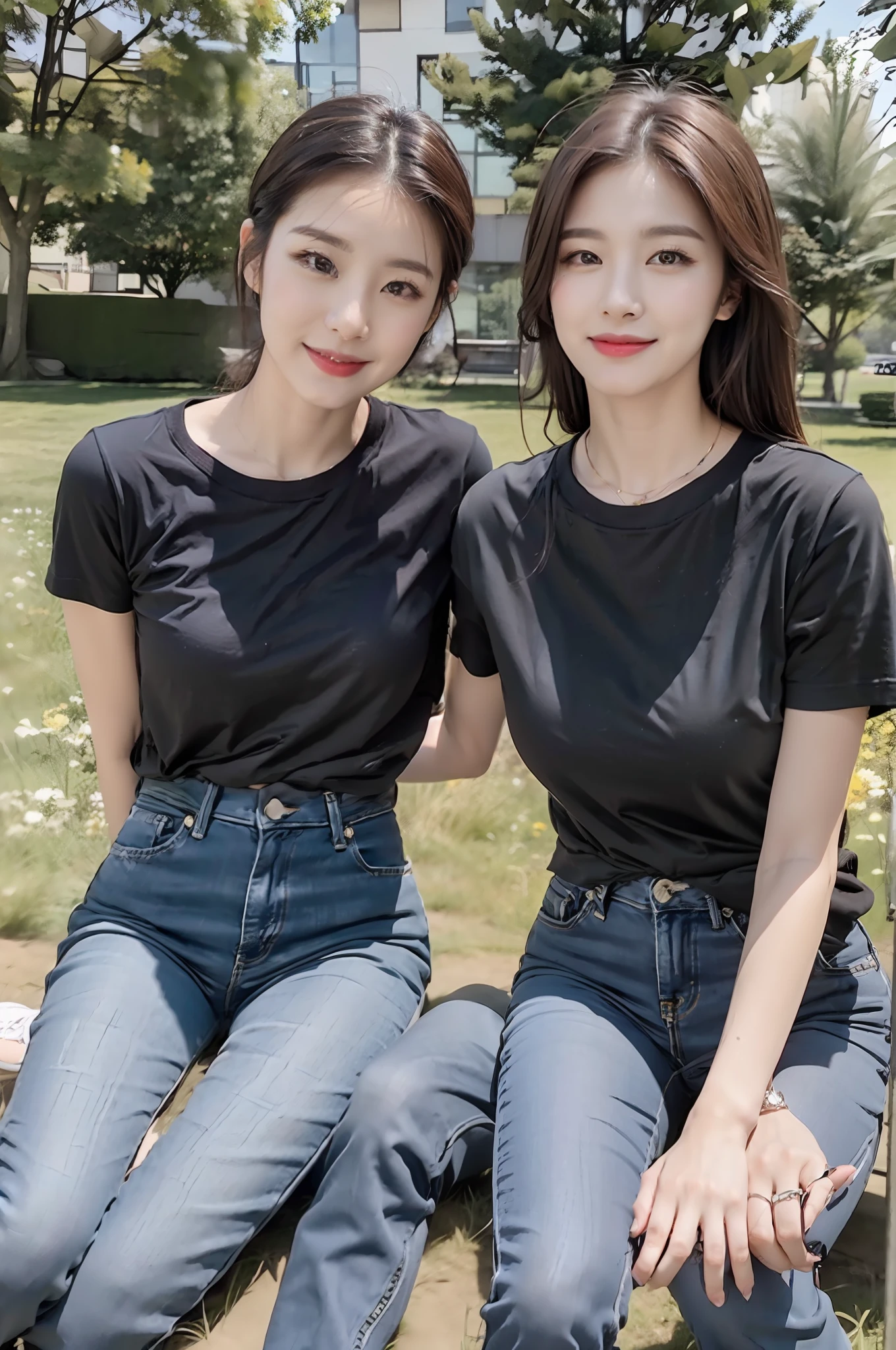 （best qualtiy：1.4），Complicated details，20 years old Korean girl，Wear a loose black T-shirt and skinny jeans，Stand on the grass and take pictures，Detailed meadow，A sweet smile on a small face，Ultra-realistic facial details，Playful and coquettish pose，The calves are straight and slender:1.2，Wear high-end branded colored canvas shoes:1.0，eventide：0.3，Broad lighting，naturalshadow：1.0，fully body photo:1.8