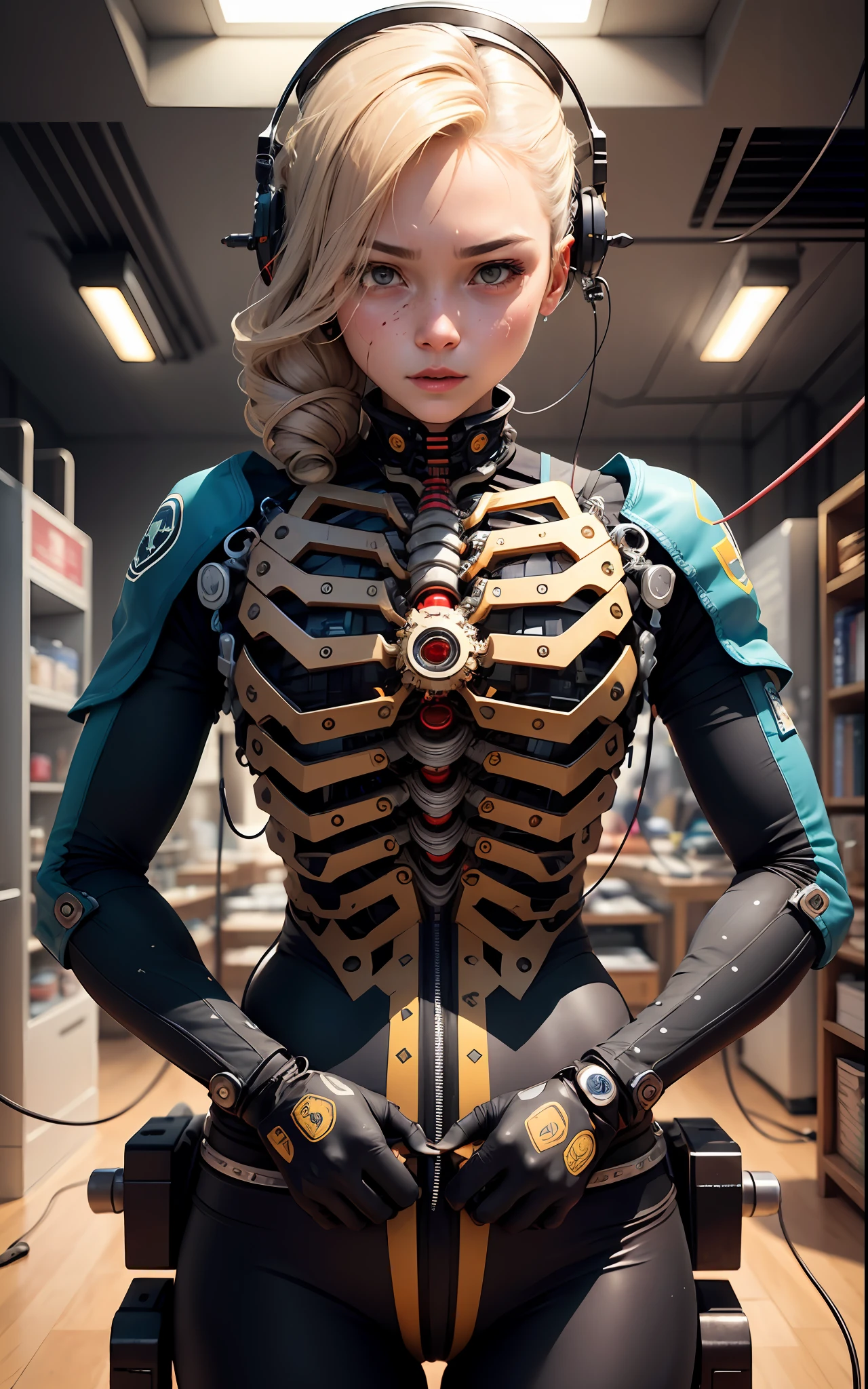 （（（tmasterpiece）））， （（（best qualtiy）））， （（ultra - detailed））， （highly detailed CGillustration）， （（Extremely refined and beautiful）），（Lateral face），cinematric light，（（1 mechanical girl）），独奏，A half body，（Machine-made joints：1.2），（（Mechanical limb）），（Blood vessel attached to tube），（The mechanical vertebrae are attached to the back），（（The mechanical cervical vertebrae are attached to the neck））， face expressionless，（The wire and cable are connected to the neck：1.2），（Wires and cables on the head：1.2）（character focus），  scientific fiction，urban backdrop，The is very detailed，rich colourful，More detailed，（Face Shadow（extra detail，Better performance）），laser eyes（Detailed red））Handhole shooting），Huge mechanical chest