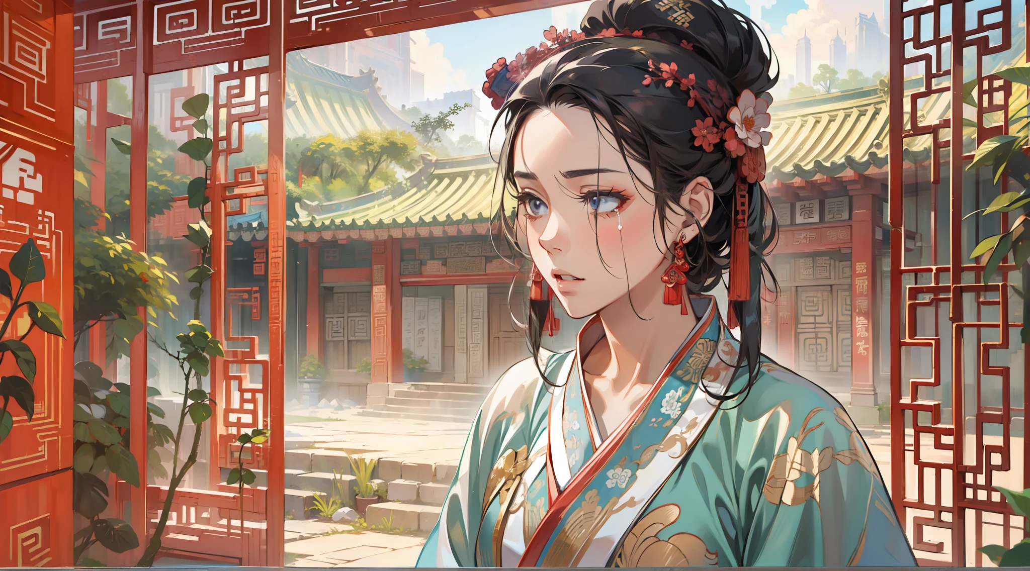 (((tmasterpiece))), Best picture quality，hyper HD，Ancient China，zona rural，Quadrangle，At the entrance of the courtyard，A woman who is，Ancient Chinese peasant image，streaming tears，（（（Hit the stone with your head））），Suicide