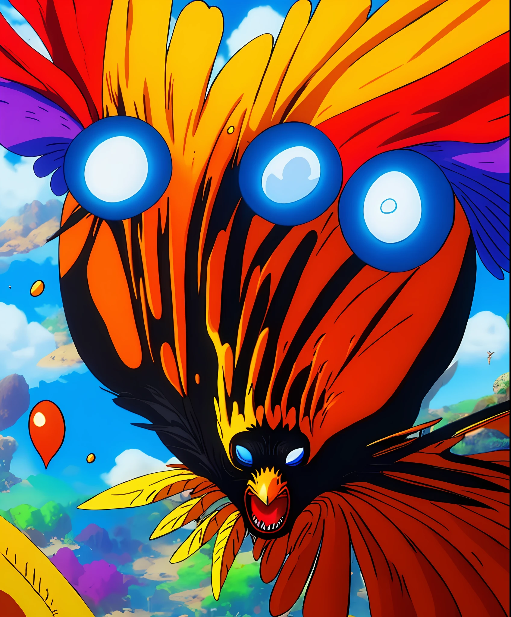 Imagine a fictional world where a giant colorful bird, com penas multicoloridas e brilhantes, is revered as a symbol of good luck. No entanto, a ave possui olhos negros penetrantes que, according to popular belief, are able to see beyond what human eyes can see, revelando segredos ocultos do universo.