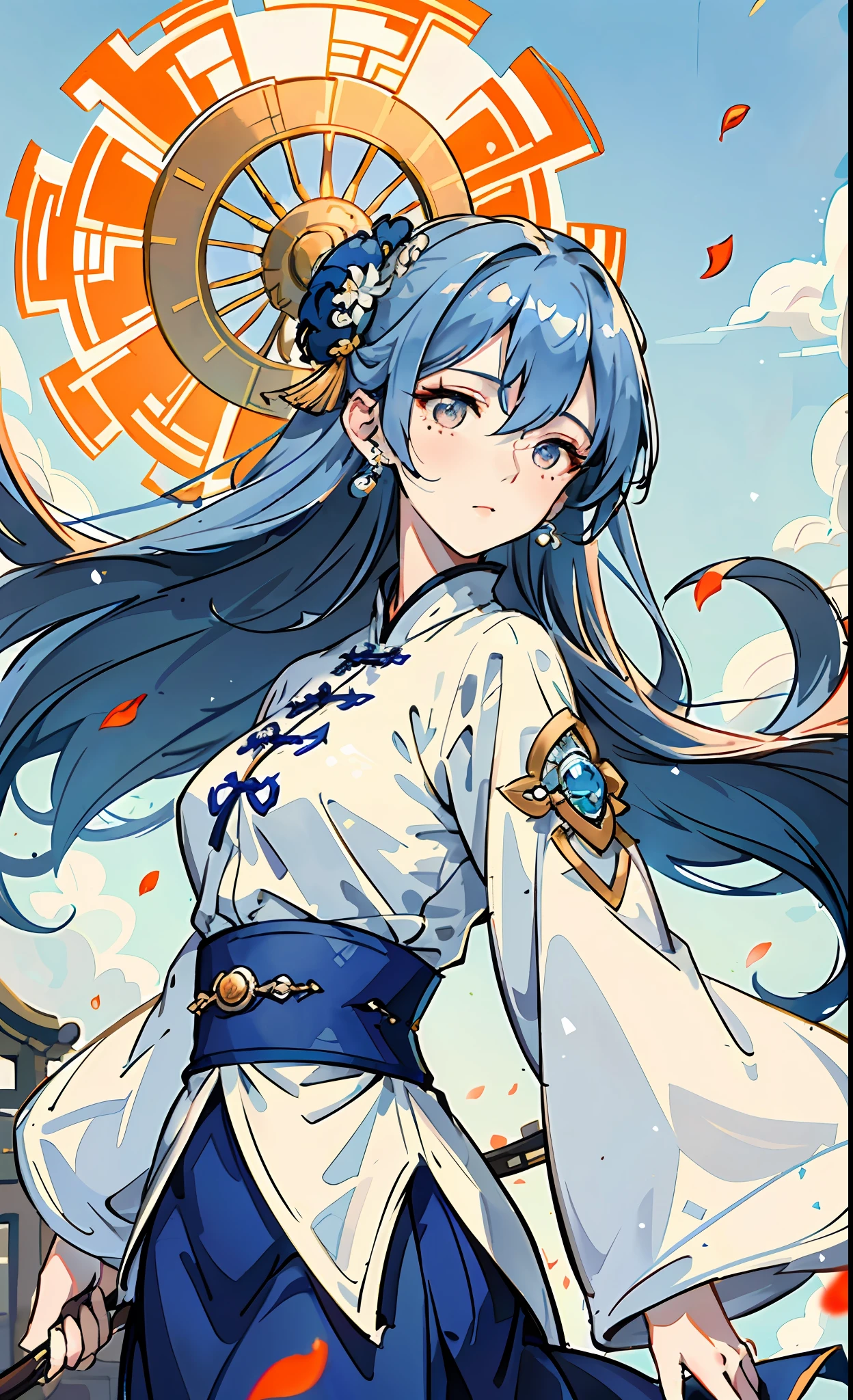 Mature girl , dark orange eyes, blue and white hair color, floating hair, delicate and smart eyes, intricate damask hanfu, gorgeous accessories, wearing pearl earrings, fov, f/1.8, masterpiece, ancient Chinese architecture, blue sky, flower petals flying, front portrait shot, Chang'e, side lighting, sunlight on people, 8K