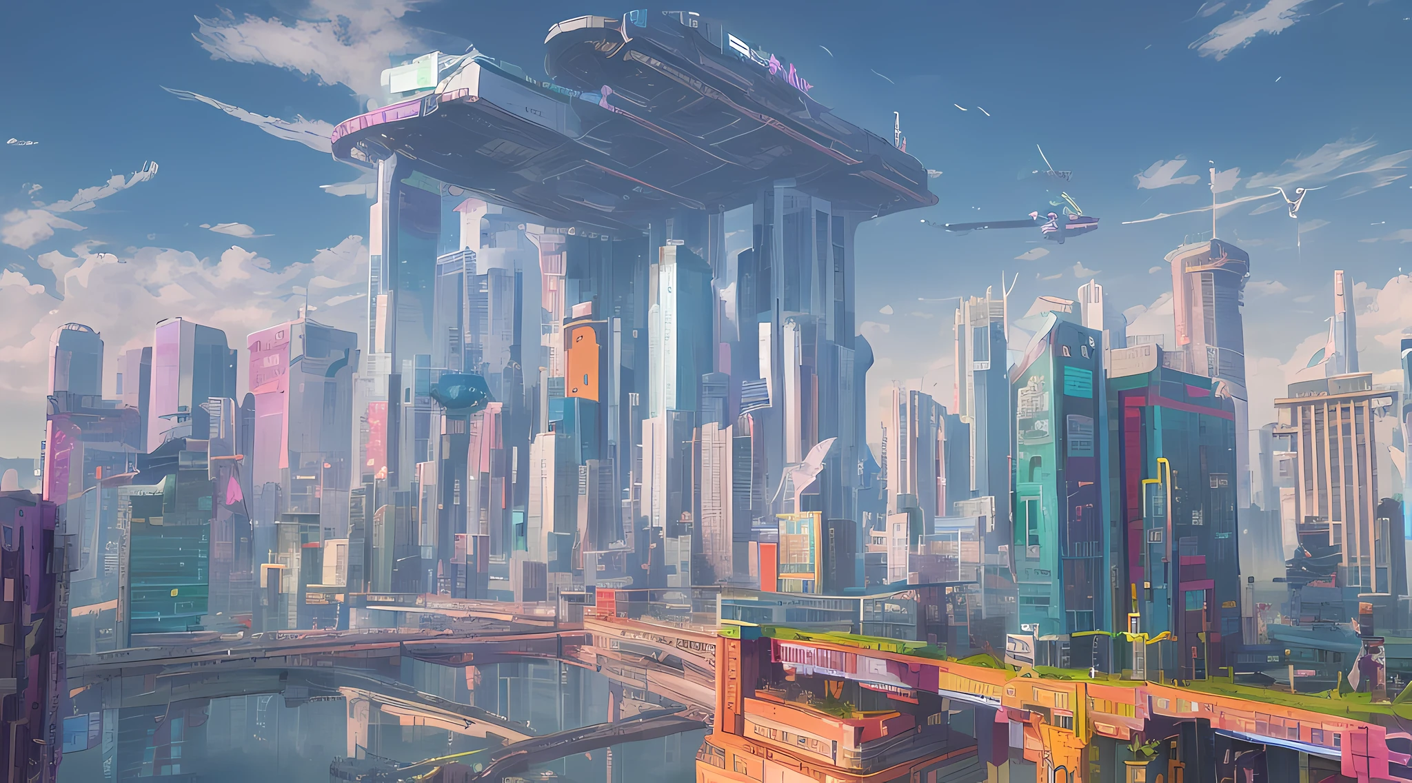 cyberpunk city， A futuristic cityscape with elements of sci-fi and Wes Anderson's signature style. The image has a 16:9 aspect ratio and is captured in a symmetrical, high-saturation design style.

The city is rendered in a bright, bold color palette, with pops of neon pink and vivid blue contrasting against a deep, rich black background. The buildings are tall and sleek, with clean lines and sharp angles that echo the futuristic aesthetic of sci-fi films.

The city is bustling with activity, with futuristic cars soaring through the sky and robots moving about their tasks, while citizens navigate the busy sidewalks below. The scene is full of life and energy, with the futuristic architecture creating an almost surreal, dreamlike atmosphere.

Wes Anderson's signature style is evident in the symmetrical composition and carefully balanced design of the image. Every element is perfectly placed to create a sense of harmony and unity, while at the same time, the futuristic elements of the scene create an atmosphere of excitement and possibility.

The image is a striking representation of a possible future world that combines the imaginative elements of sci-fi with the eclectic, offbeat style of Wes Anderson, producing a symmetrical, colorful, and exciting scene that is both awe-inspiring and inspiring.