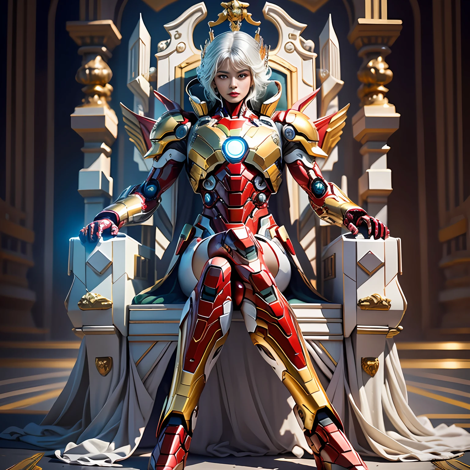 Cyberpunk style mecha Marvel Movie Iron Man Saint Seiya Kamen Rider Queen sitting on throne, ancient technology, ancient legends, white hair (white stockings: 1.5) (Throne: 1.4), sword, (mecha God of War), Egyptian style, (Saint Seiya: 1.7), Taoist symbols, (dragon pattern: 1.6), (gold thread: 1.5) ultra-realistic, Boca effect, shot in the style of David La Chapelle, bioluminescent palette: lilac, pale gold, bright white, ultra-fine, cinematic still life, vibrancy, Unrealistic engine style, Sakimichan, lower chest, perfect eyes, highest image quality 16K, inspired by Harry Winston, shot on Canon EOS R 6, masterpiece, --Chaos 50, gray hair, crown, mole under the eyes, gitchham, wide angle, canon, from above, projection illustration, ray tracing, surrealism, textured skin