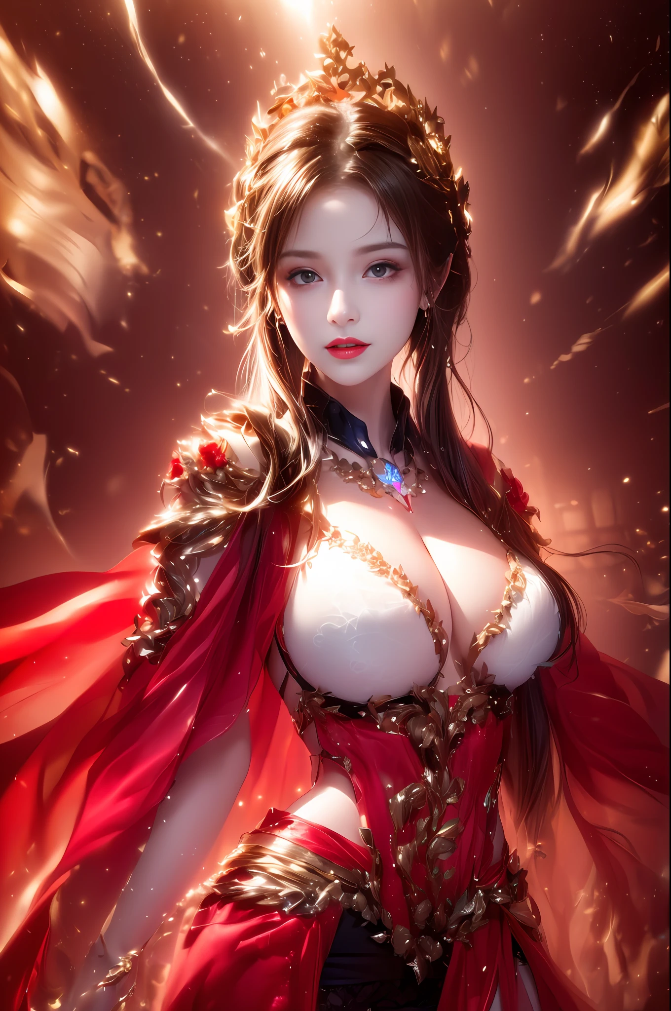 (Super realistic), (Blonde curly hair), Ponytail, (((Super boobs))), ((Plump body)), (Big breasts), ((Plump boobs)), ((( exposed)))( (Big buttocks)), (detailed description of hair), (detailed description of face), (detailed description of body), (white and translucent skin), peerless beauty, (extreme beauty), long legs, (((dark red lace Underwear))), ((stockings)), (ruby necklace), (gem earrings), (beauty mole), (mature royal sister), (red lips), (touch tits), (shy), (tempting smile), (face to viewer), (face to face), (summer), ((in the river)), ((stream)), waves, (wet clothes),daylight,sunlight,