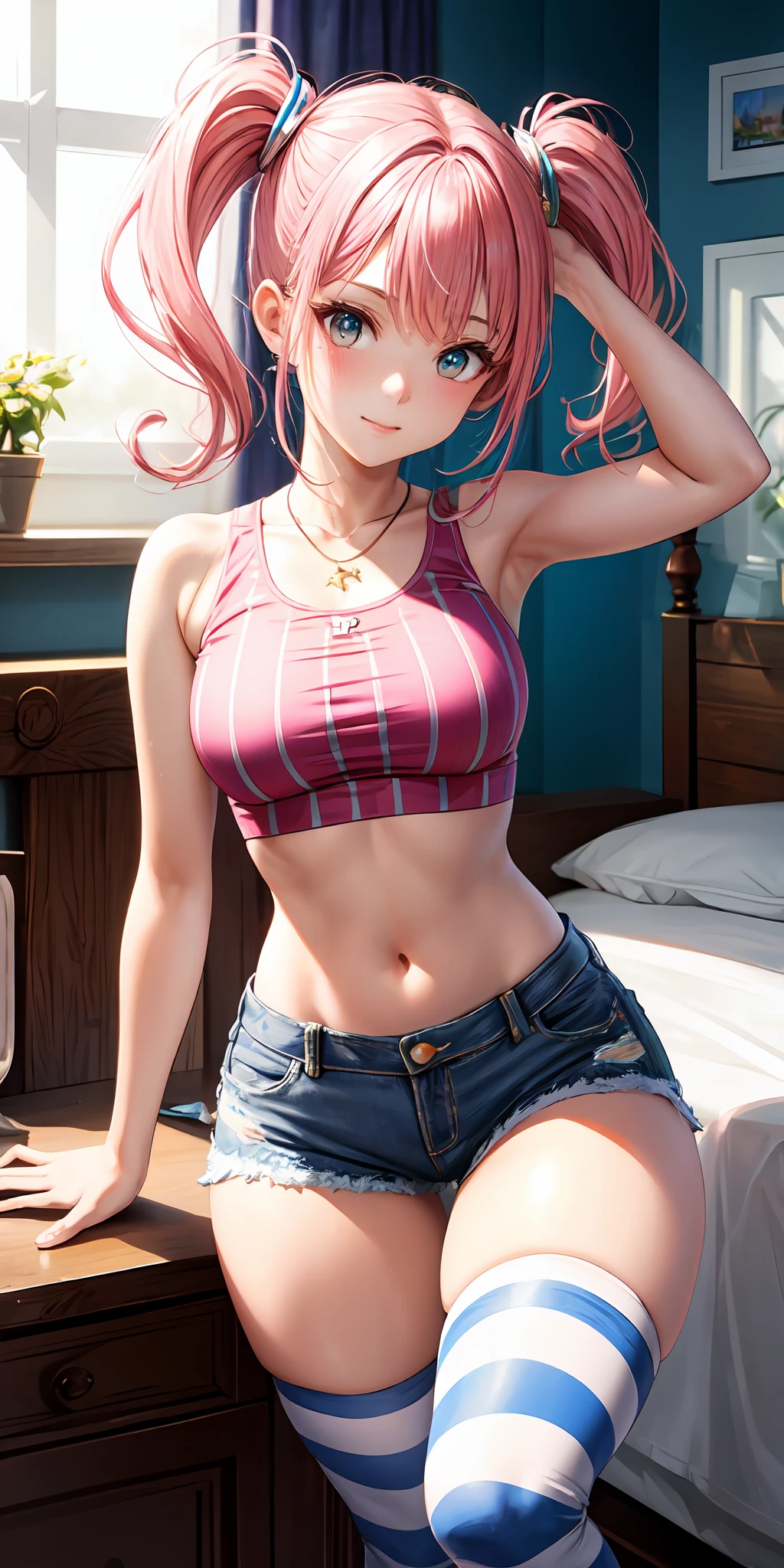 (masterpiece, best quality), 1girl, pink hair, crop top, denim shorts, bedroom, striped thighhighs,