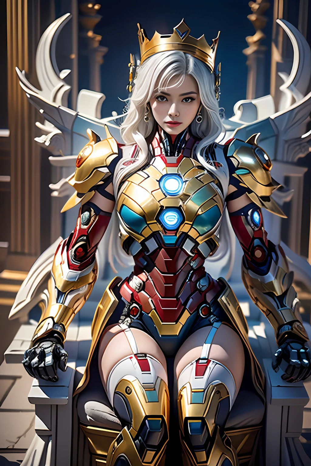 Cyberpunk style mecha Marvel Movie Iron Man Saint Seiya Kamen Rider Queen sitting on throne, ancient technology, ancient legends, white hair (white stockings: 1.5) (Throne: 1.4), sword, (mecha God of War), Egyptian style, (Saint Seiya: 1.7), Taoist symbols, (dragon pattern: 1.6), (gold thread: 1.5) ultra-realistic, Boca effect, shot in the style of David La Chapelle, bioluminescent palette: lilac, pale gold, bright white, ultra-fine, cinematic still life, vibrancy, Unrealistic engine style, Sakimichan, lower chest, perfect eyes, highest image quality 16K, inspired by Harry Winston, shot on Canon EOS R 6, masterpiece, --Chaos 50, gray hair, crown, mole under the eyes, gitchham, wide angle, canon, from above, projection illustration, ray tracing, surrealism, textured skin