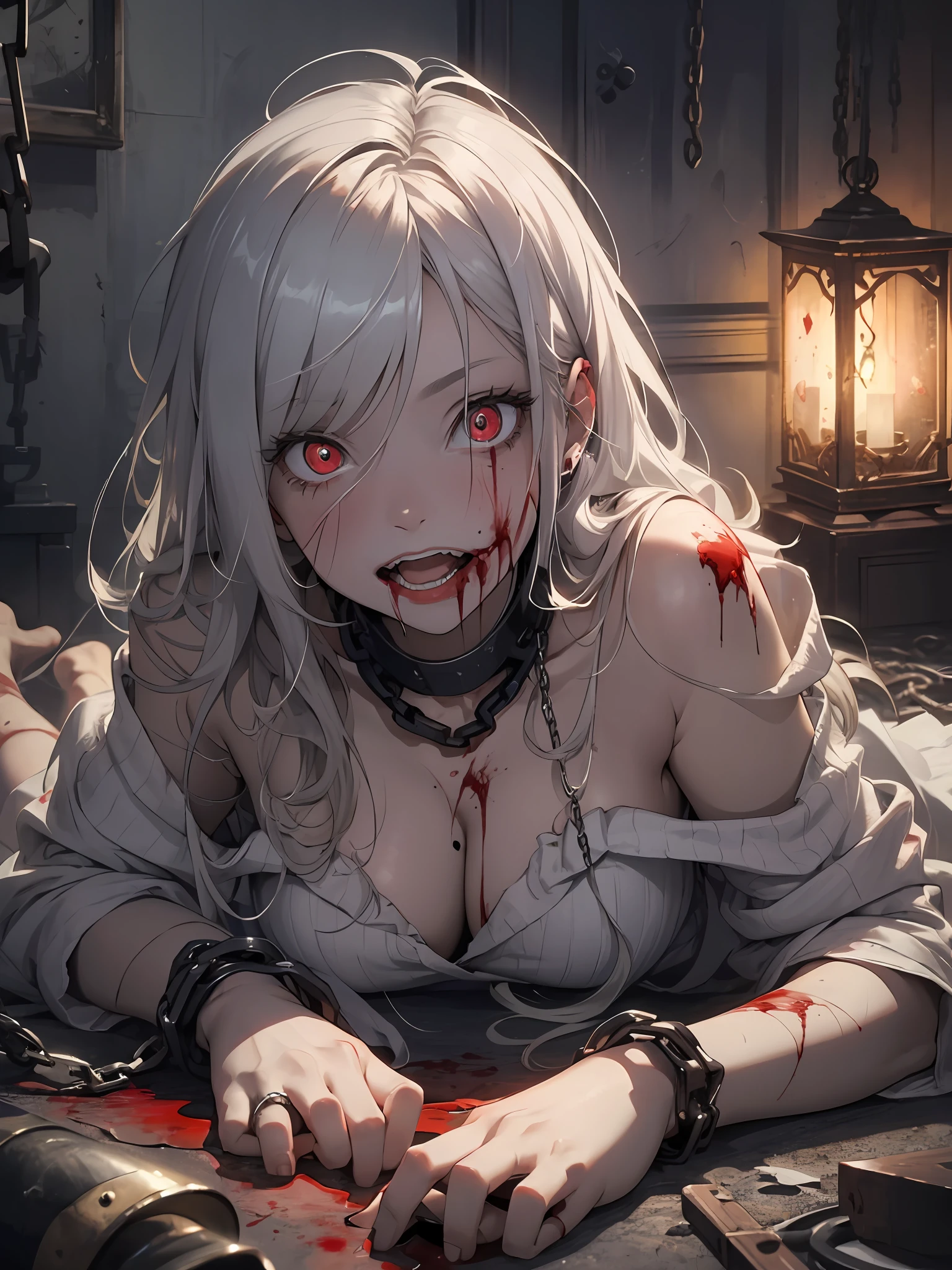 masterpiece, best quality, 1 girl, supine, lying face down on the floor, pale skin, messy hair, red eyes, glowing eyes, creepy, creepy smile, crazy expression, blood on face, blood on clothes, naked, creepy, scary, blood, horror, light particles, night, iron bracelets with chains