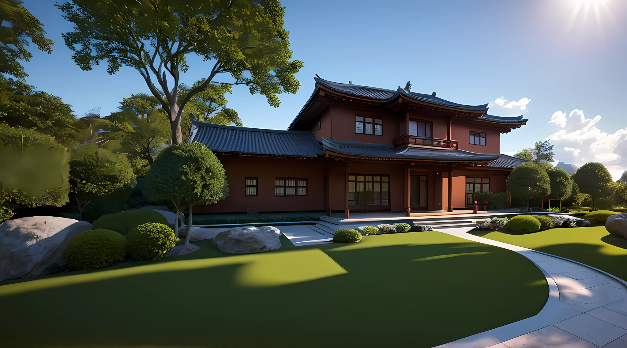 (masterpiece),(high quality), best quality, real,(realistic), super detailed, (full detail),(4k),8k,no humans, scenery, building, Japanese architecture, cloud, sky, east asian architecture, outdoors, day, small trees, small trees, no floating houses, realistic, 3D model HD rendering, building rendering, right Angle isometric view, 45 degree Angle, high detail, film, global lighting, reality lighting, Unreal Engine rendering, Substance 3D, Octane rendering, (hdr:1.3),