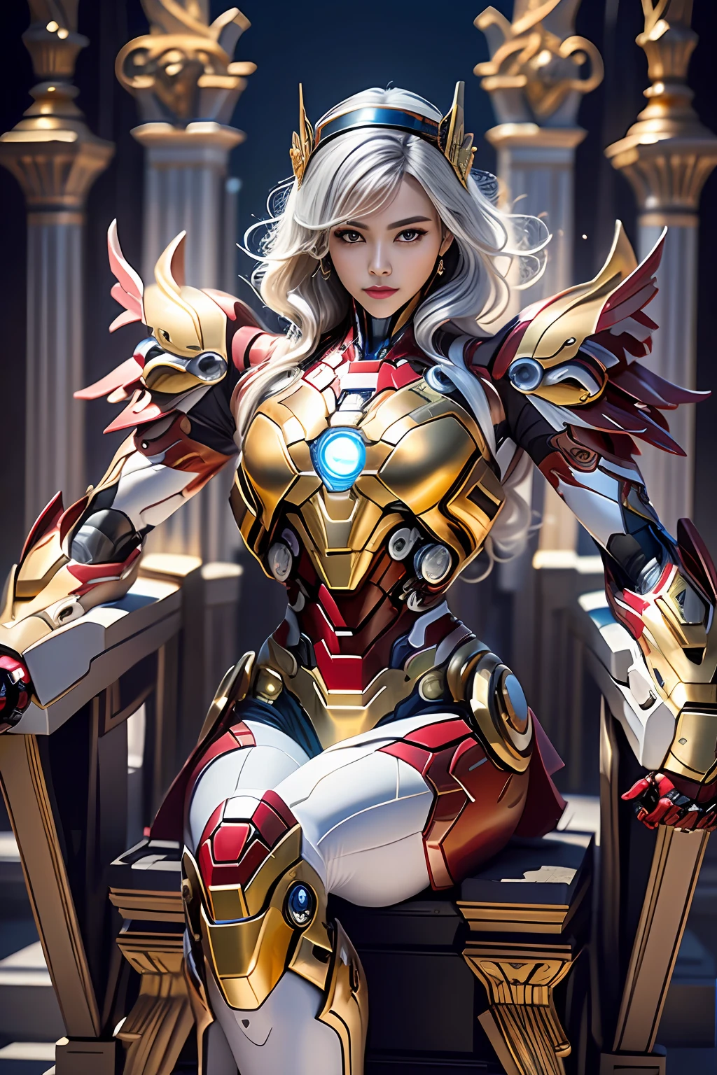 Cyberpunk style mecha Marvel Movie Iron Man Saint Seiya Kamen Rider Queen sitting on throne, ancient technology, ancient legends, white hair (white stockings: 1.5) (Throne: 1.4), sword, (mecha God of War), Egyptian style, (Saint Seiya: 1.7), Taoist symbols, (dragon pattern: 1.6), (gold thread: 1.5) ultra-realistic, Boca effect, shot in the style of David La Chapelle, bioluminescent palette: lilac, pale gold, bright white, ultra-fine, cinematic still life, vibrancy, Unrealistic engine style, Sakimichan, lower chest, perfect eyes, highest image quality 16K, inspired by Harry Winston, shot on Canon EOS R 6, masterpiece, --Chaos 50, gray hair, crown, mole under the eyes, gitchham, wide angle, canon, from above, projection illustration, ray tracing, surrealism, textured skin