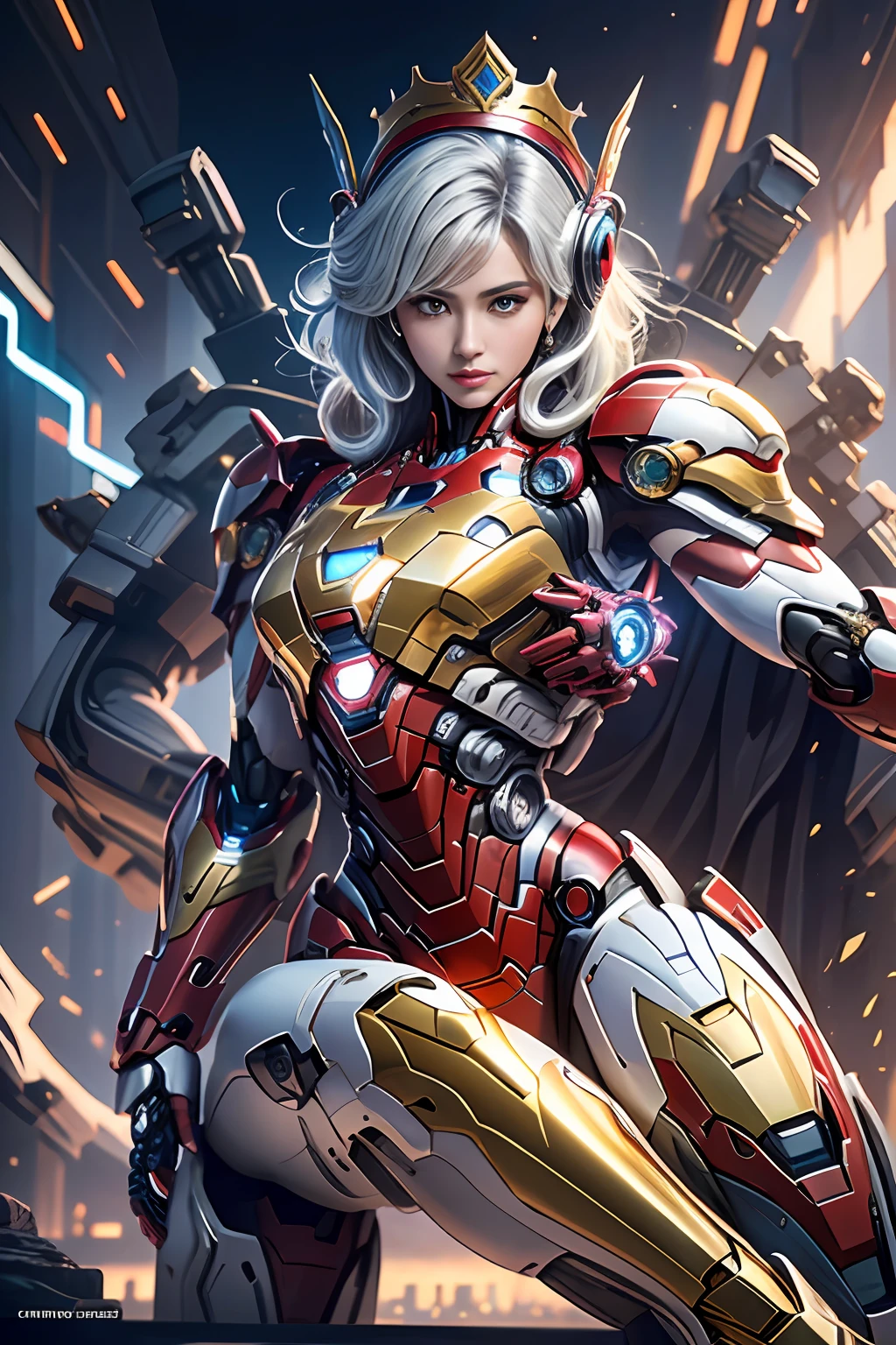 Cyberpunk style mecha Marvel Movie Iron Man Saint Seiya Kamen Rider Queen sitting on throne, ancient technology, ancient legends, white hair (white stockings: 1.5) (Throne: 1.4), sword, (mecha God of War), Egyptian style, (Saint Seiya: 1.7), Taoist symbols, (dragon pattern: 1.6), (gold thread: 1.5) ultra-realistic, Boca effect, shot in the style of David La Chapelle, bioluminescent palette: lilac, pale gold, bright white, ultra-fine, cinematic still life, vibrancy, Unrealistic engine style, Sakimichan, lower chest, perfect eyes, highest image quality 16K, inspired by Harry Winston, shot on Canon EOS R 6, masterpiece, --Chaos 50, gray hair, crown, mole under the eyes, gitchham, wide angle, canon, from above, projection illustration, ray tracing, surrealism, textured skin