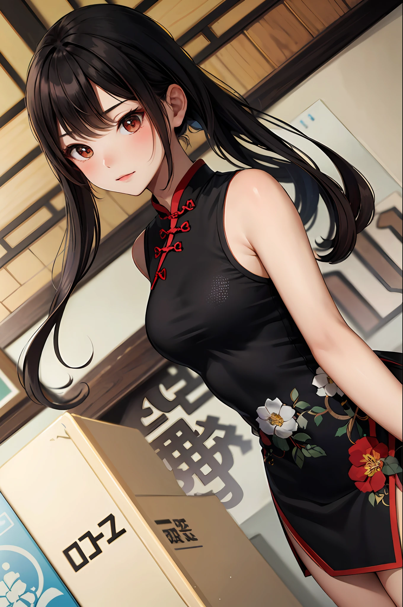 tmasterpiece,Need,1female,ChineseGirl,long whitr hair,The upper part of the body,Black Themes,on cheongsam