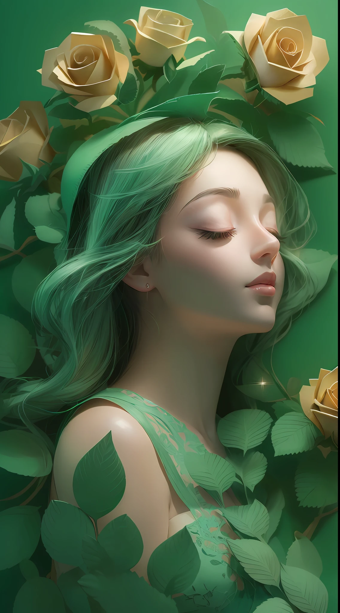 (illustration:1.3),paper art, 3D rendering，Green background，(Beauty side face,close eyes:1.3)，（rose:1.2)，Colorful, Best quality, Detailed details, Masterpiece, offcial art, Cinematic lighting effects, 4K，chiaroscuro, sparkle