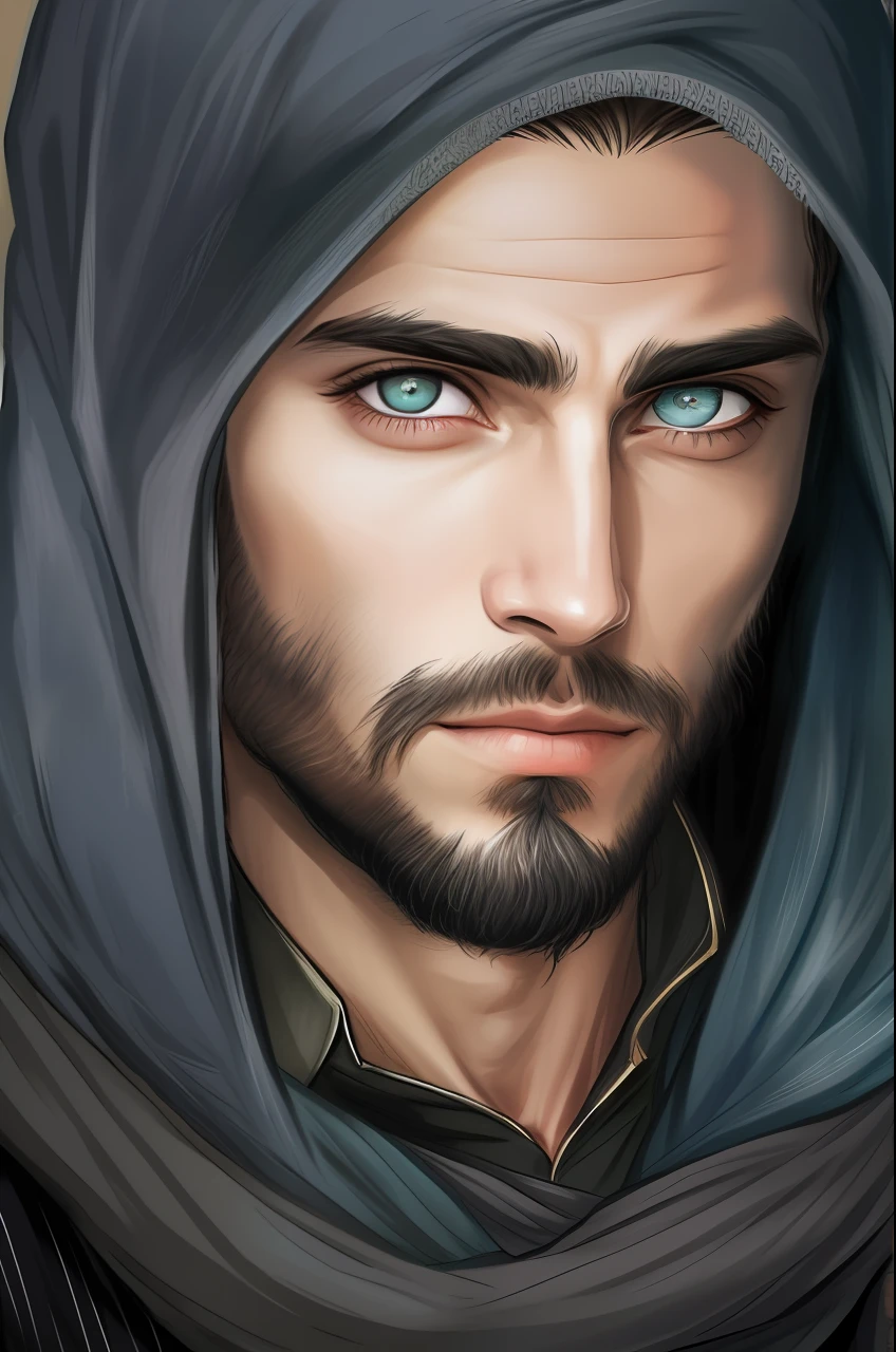 Man with beard and scarf wrapped around his head, handsome prince of persia, bonito rosto detalhado, olhos bonitos, homem de olhos azuis, rosto bonito e rosto bonito, Rosto Masculino, Anato Finnstark. rostos perfeitos, rosto bonito perfeito, cara bonita, cara muito boa olhando!!, of an enigmatic mysterious man, com olhos azuis!!!! --auto