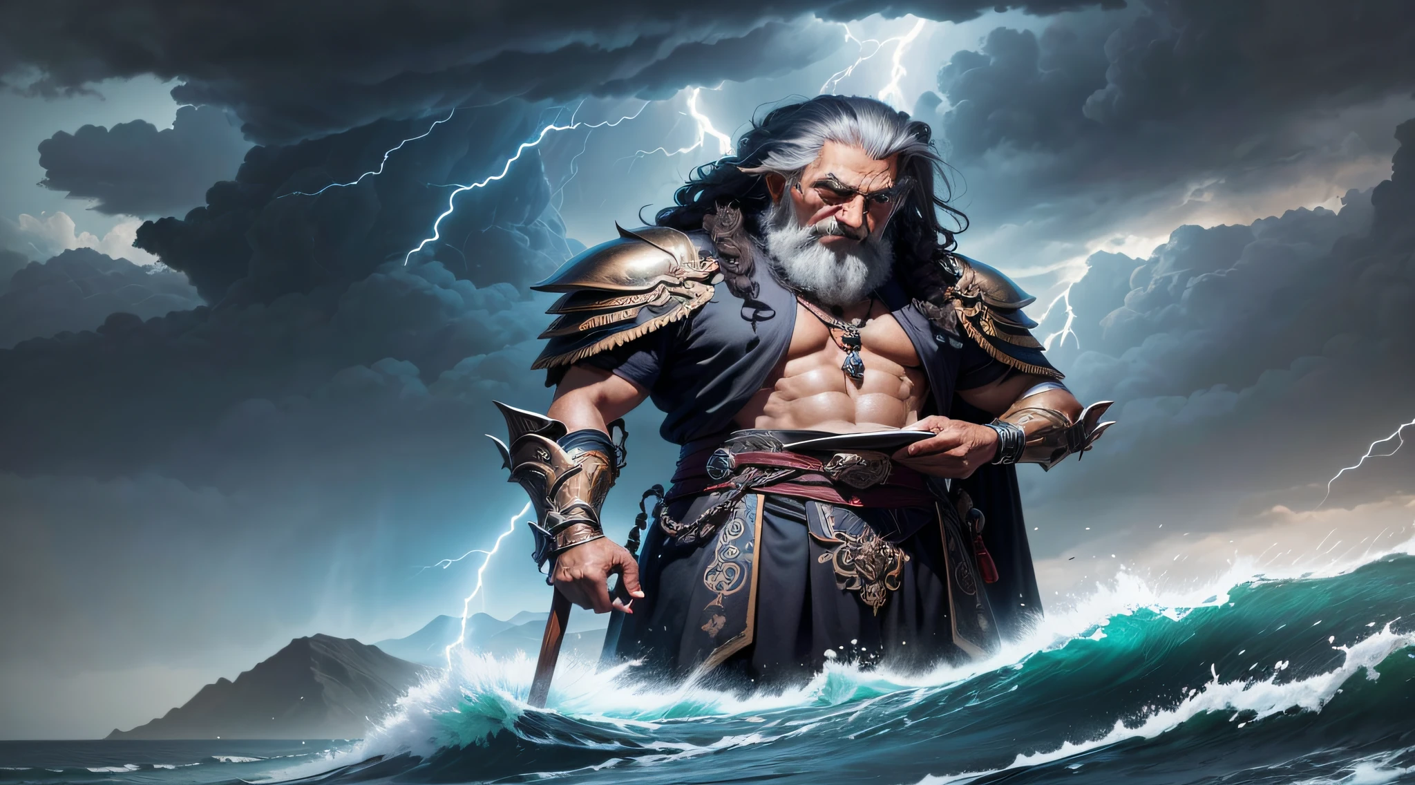 Velho oriental, Vicissitudes, pele bronzeada, Wise, Wise old man, real, vestir, segurando um livro, olhando para frente olhos abertos, Face a face ,Background with clouds of lightning thunder