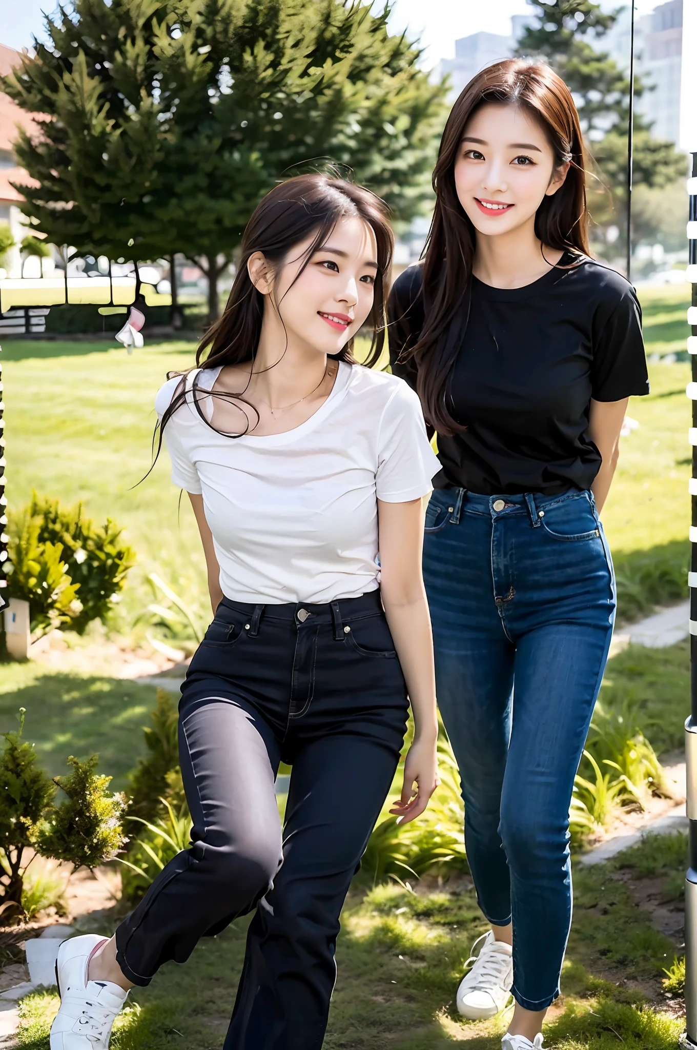 （RAW photogr，超高分辨率，tmasterpiece，best qualtiy：1.4），Complicated details，20 years old Korean girl，Wear a loose black T-shirt and skinny jeans，Stand on the grass and take pictures，Detailed meadow，A sweet smile on a small face，The face and skin are pink and fair，Ultra-realistic facial details，Playful and coquettish pose，The calves are straight and slender:1.5，Wear high-end branded colorful travel shoes:1.5，eventide，warm color，Broad lighting，naturalshadow，taking a full body photo:1.8