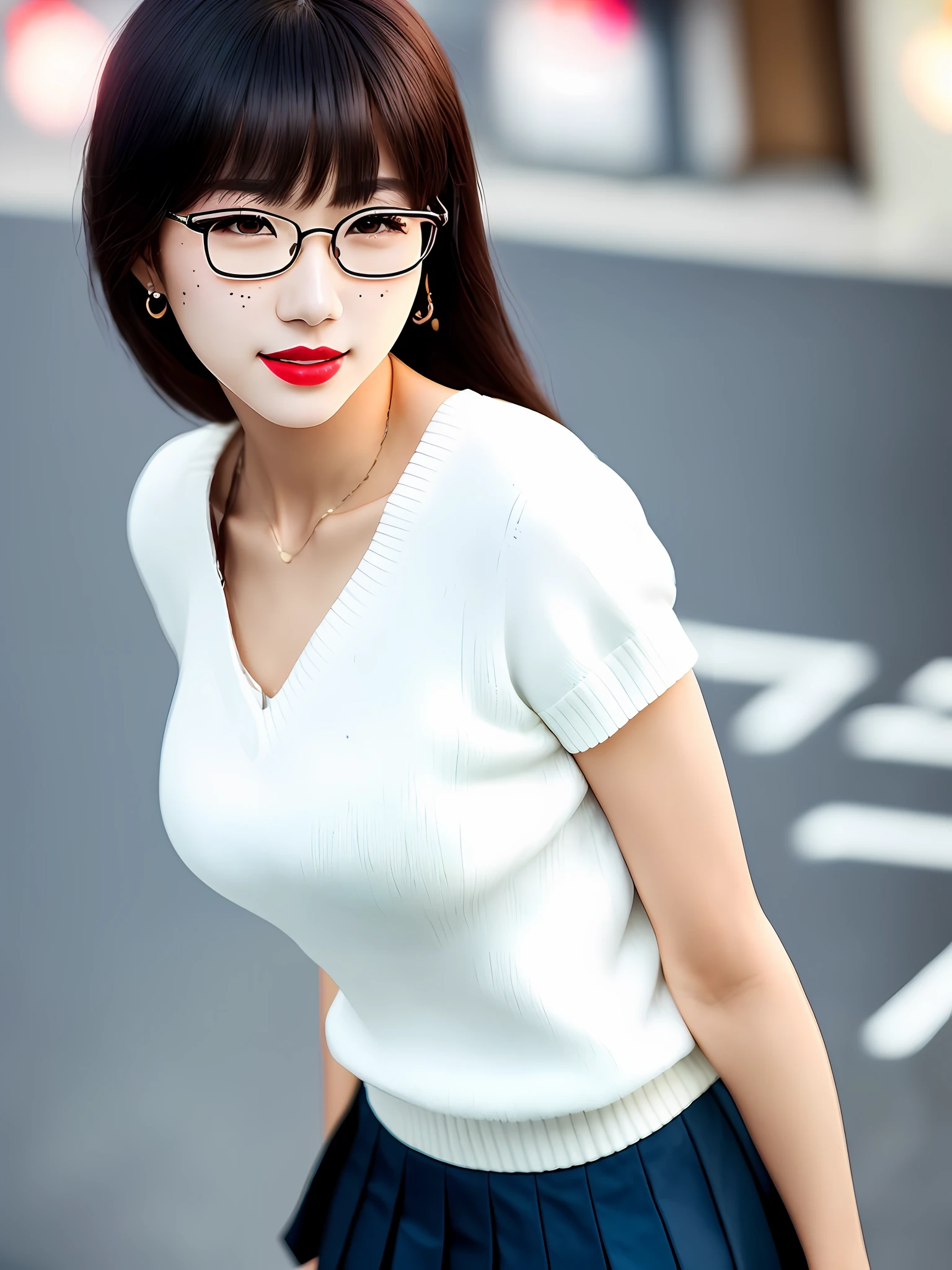 (Skin Scratch: 1.2), (Skin Dent), Black Eyes, 1 Female, 17 years old, (Female))), Solo, Realistic, Best Quality, Photorealistic, Masterpiece, 8K, High Resolution, Solo, Highly Detailed Face, (Professional Lighting, Bokeh, Backlighting), (Light Particles, Lens Flare, Luminous Particles: 0.6), (Dynamic Pose: 1.2), Soft Lighting, Angle View from Above Fashionable and trendy atmosphere, Japan, street, Tokyo, city, ((daytime)), sky, ((viewer: 1)), (looking at camera), (portrait: 0.6), cowboy shot, gorgeous, standing, keeping original facial proportions, broad shoulders, full body, (huge breasts), (medium hair), brown hair, floating hair, glasses, lips, lipstick, fake face, Floating hair, (white blouse), (white jumper skirt), camisole, skindentation, (((slim skinny body)), emphasizing cleavage, Japan school uniform, eyelashes, moles, (moles under the eyes: 1) ), with glasses, naughty face, cute, laughing, happy, (Kpop idol), (aegyo sal:1), long black hair, bangs, ((puffy eyes)), look at the viewer