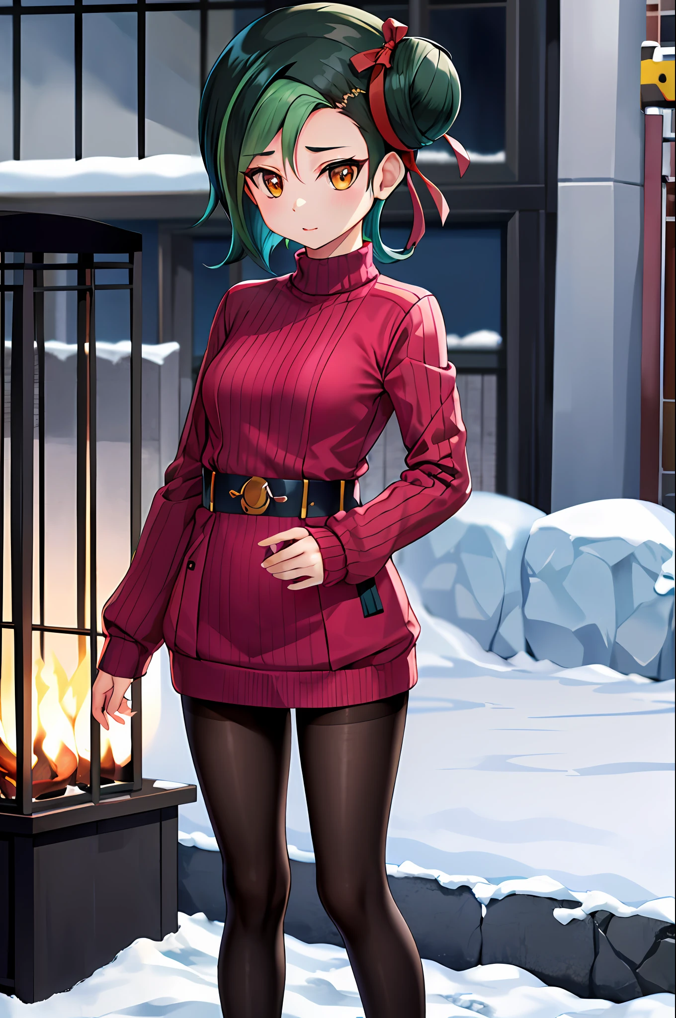 巨作, Best Quality, highres, Hamkotori, short hair hair, multicolored hair, single hair bun, Hair Ribbon, small breasts, ribbed sweater, long-sleeved, sash, Jacket dress, black pantyhose, snow, outdoors, Standing,