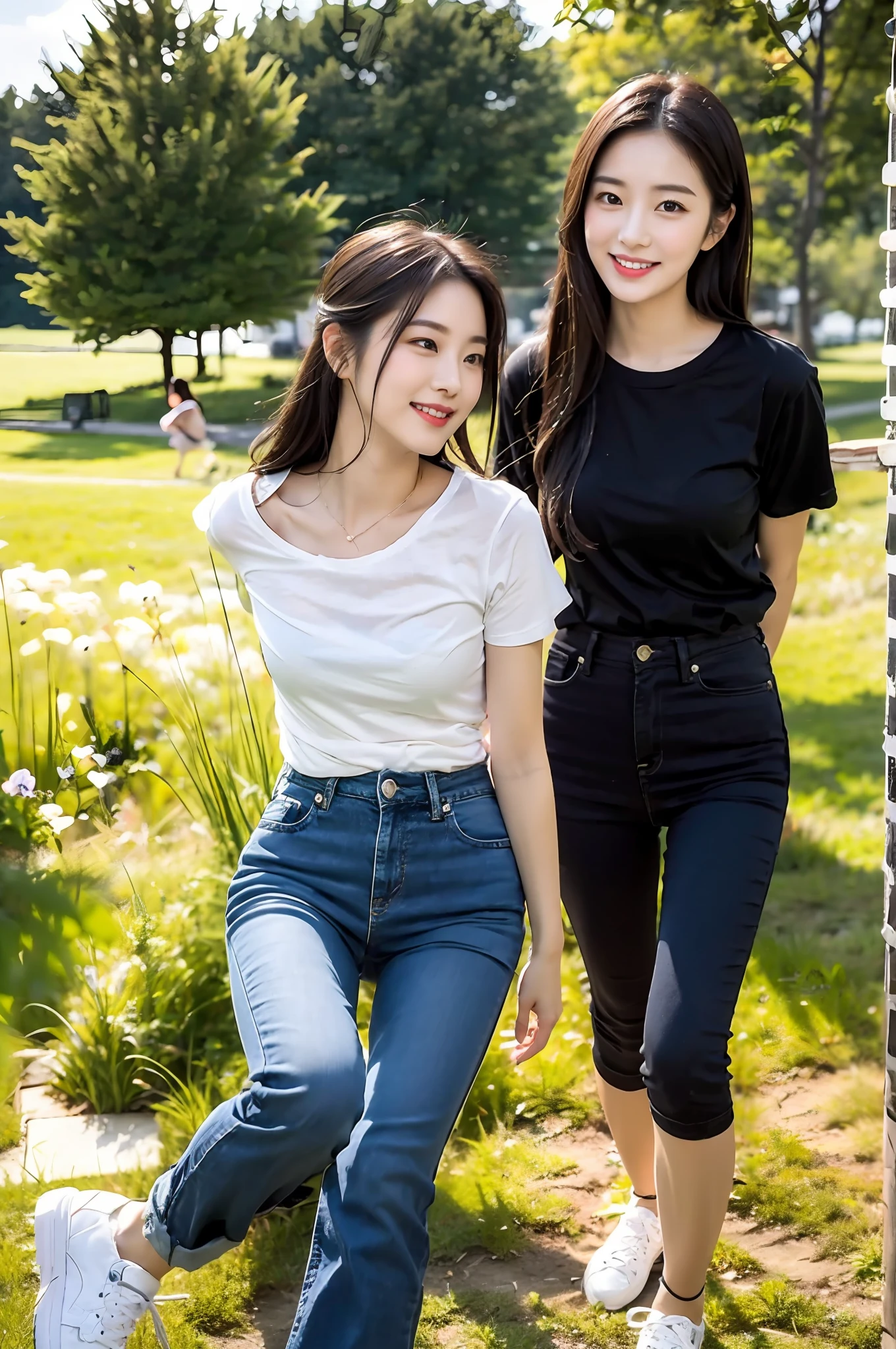 (RAW photogr,超高分辨率,tmasterpiece,best qualtiy:1.4),Complicated details,20 years old Korean girl,Wear a loose black T-shirt and skinny jeans,Stand on the grass and take pictures,Detailed meadow,A sweet smile on a small face,The face and skin are pink and fair,Ultra-realistic facial details,Playful and coquettish pose,The calves are straight and slender:1.5,Wear high-end branded colorful travel shoes:1.5,eventide,warm color,Broad lighting,naturalshadow,taking a full body photo:1.8