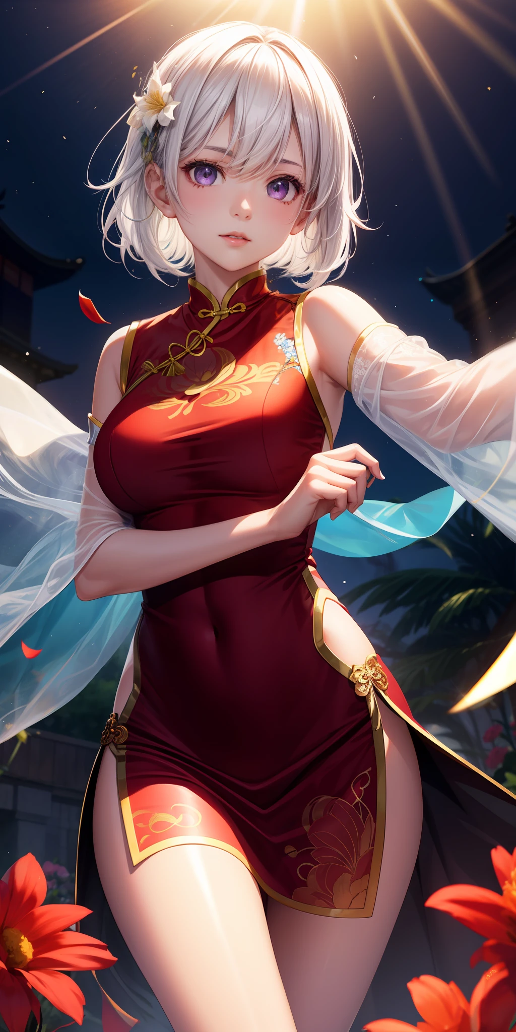 realisticlying，1girl，White hair，ChineseGirl，Purple eye，glowing light eyes，Cut the top，a skirt，parted lip，Be red in the face，the night，fresh flowers，suns，rays of sunshine，on cheongsam