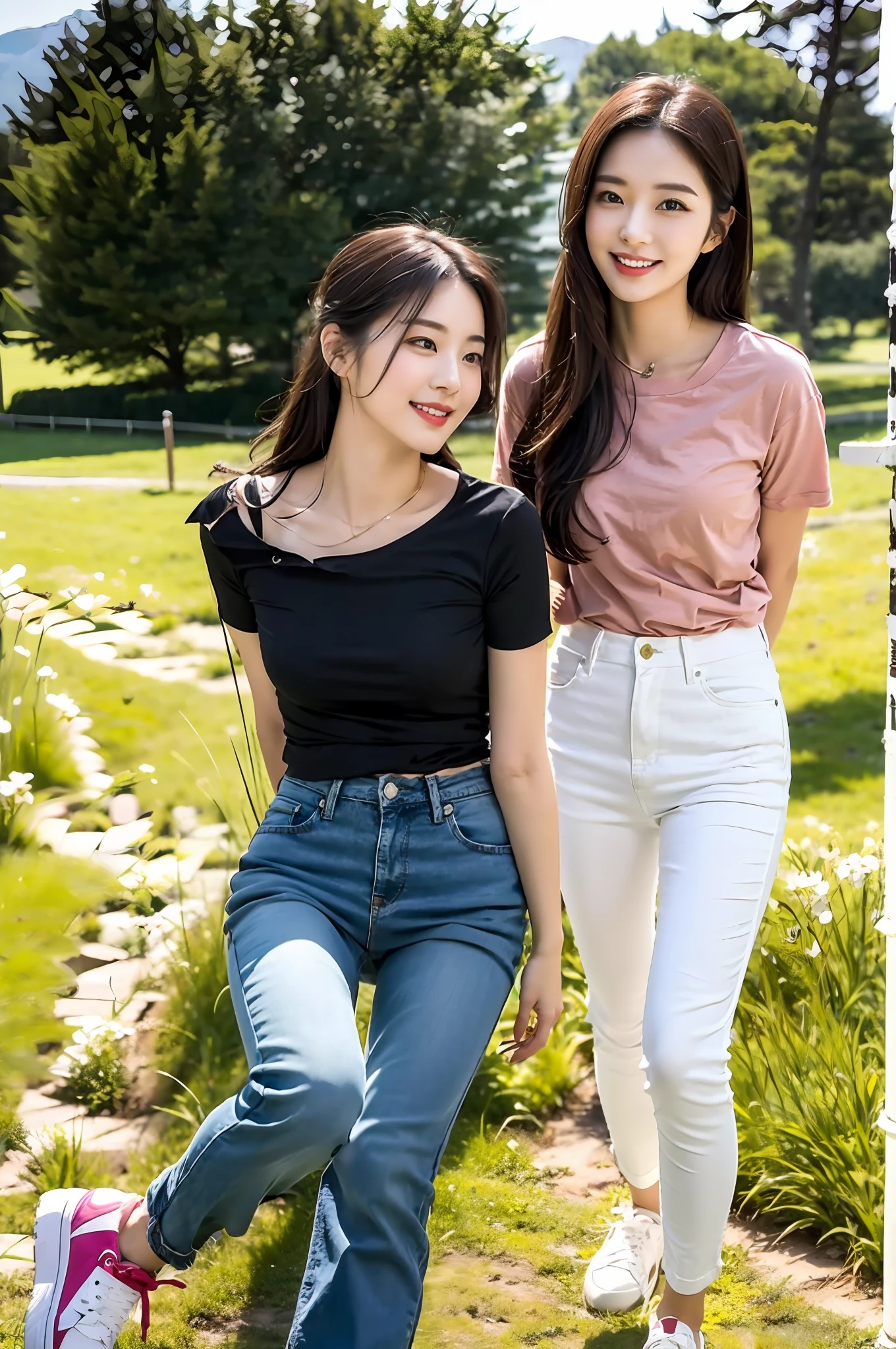 （RAW photogr，超高分辨率，tmasterpiece，best qualtiy：1.4），Complicated details，20 years old Korean girl，Wear a loose black T-shirt and skinny jeans，Stand on the grass and take pictures，Detailed meadow，A sweet smile on a small face，The face and skin are pink and fair，Ultra-realistic facial details，Playful and coquettish pose，The calves are straight and slender:1.5，Wear high-end branded colorful travel shoes:1.5，eventide，warm color，Broad lighting，naturalshadow，taking a full body photo:1.8