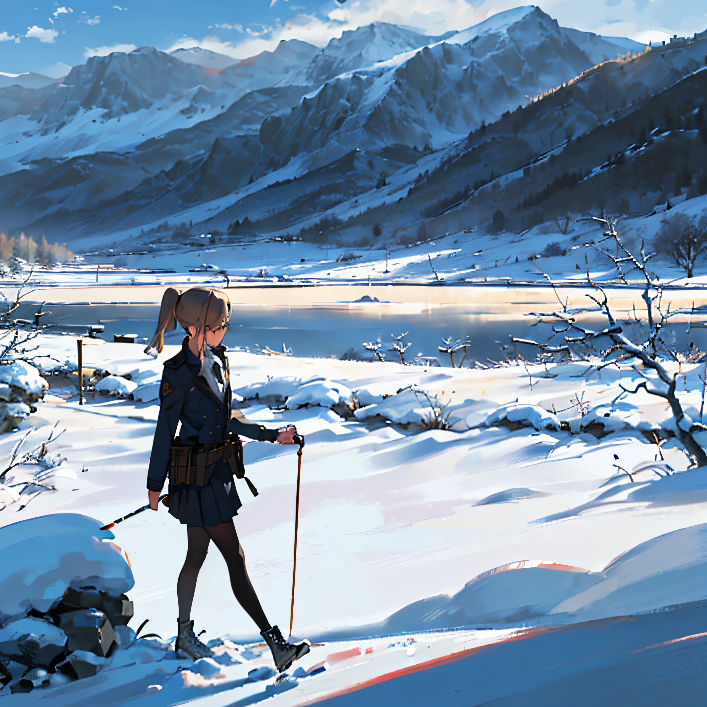 ((cabellos largos dorados,side ponytails+Red bow+Slanted glasses+Slim+Blue scarf+Long black tie+eye glass+tie clip+White shirt+Black tactical chest hanging+trekking poles+Navy Blue Storm jacket+Navy blue pen holder skirt+Combat boots+Black hip tights+Walking+Long saber at the waist:1.2、eye glass)(akimbo+Raise an eyebrow)(On the peaks+Heavy snow+Mountain background+Wolf smoke in the distance) (quadratic element|Two-dimensional style)