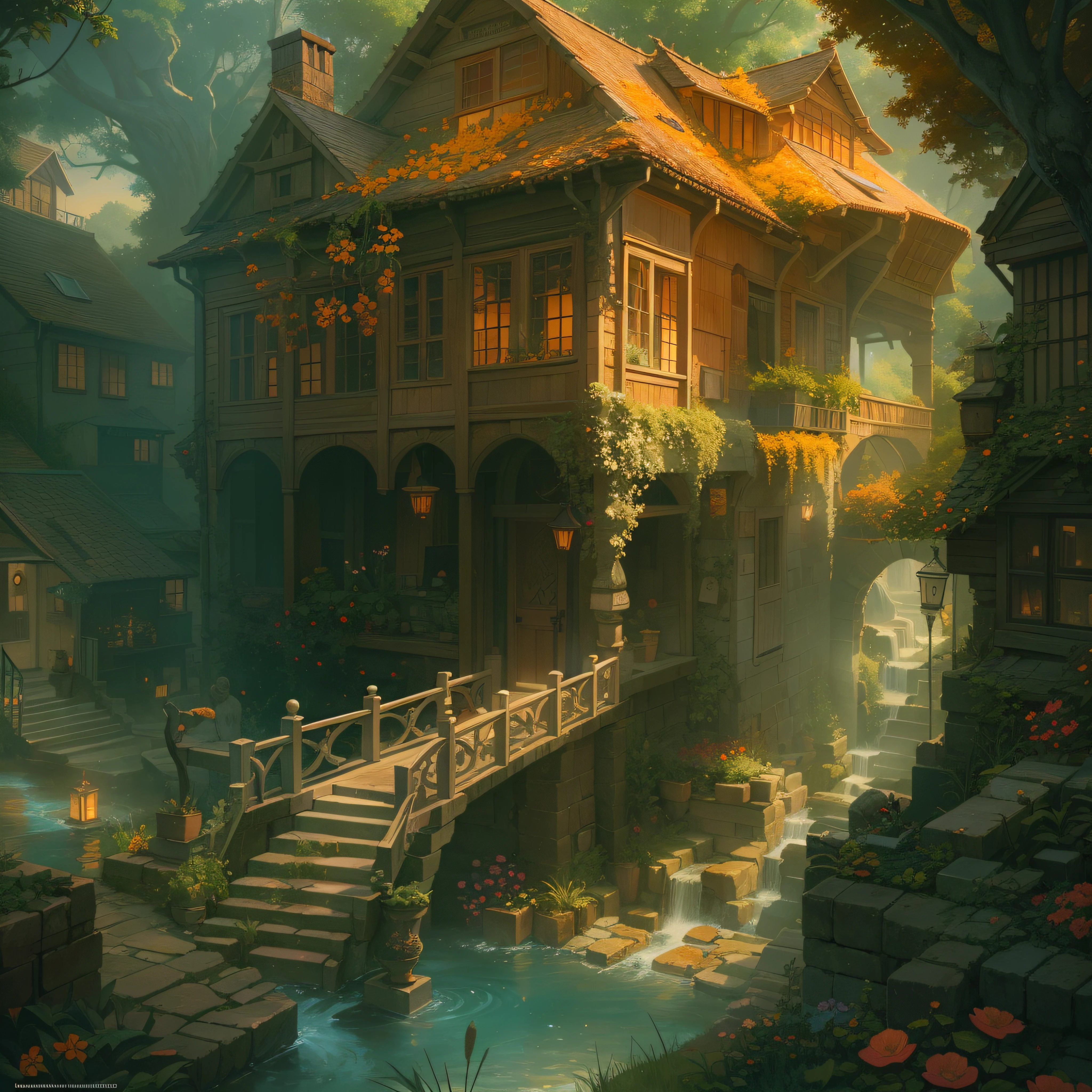 a medieval human home, ornate, beautiful, atmosphere, vibe, mist, smoke, chimney, rain, well, wet, pristine, puddles, waterfall, clear stream, bridge, orange, green, stained glass, forest, flowers, concept art illustration, color page, 4 k, tone mapping, doll, akihiko yoshida, james jean, andrei riabovitchev, marc simonetti, yoshitaka amano, digital illustration, greg rutowski, volumetric lighting, sunbeams, particles, rembrandt