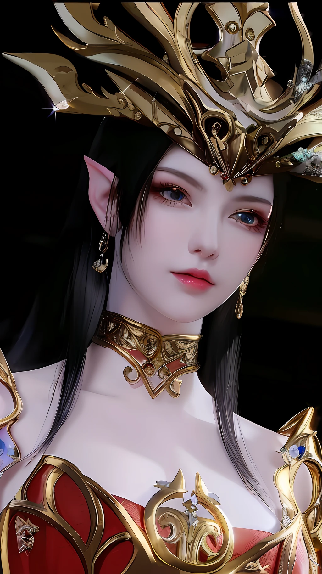 a close up of a woman in a red dress with a gold crown, a beautiful fantasy empress, ((a beautiful fantasy empress)), beautiful and elegant elf queen, portrait of an elf queen, elf queen, she has elf ears and gold eyes, side portrait of elven royalty, elven princess, elf princess, hyperdetailed fantasy character, beautiful elven princess