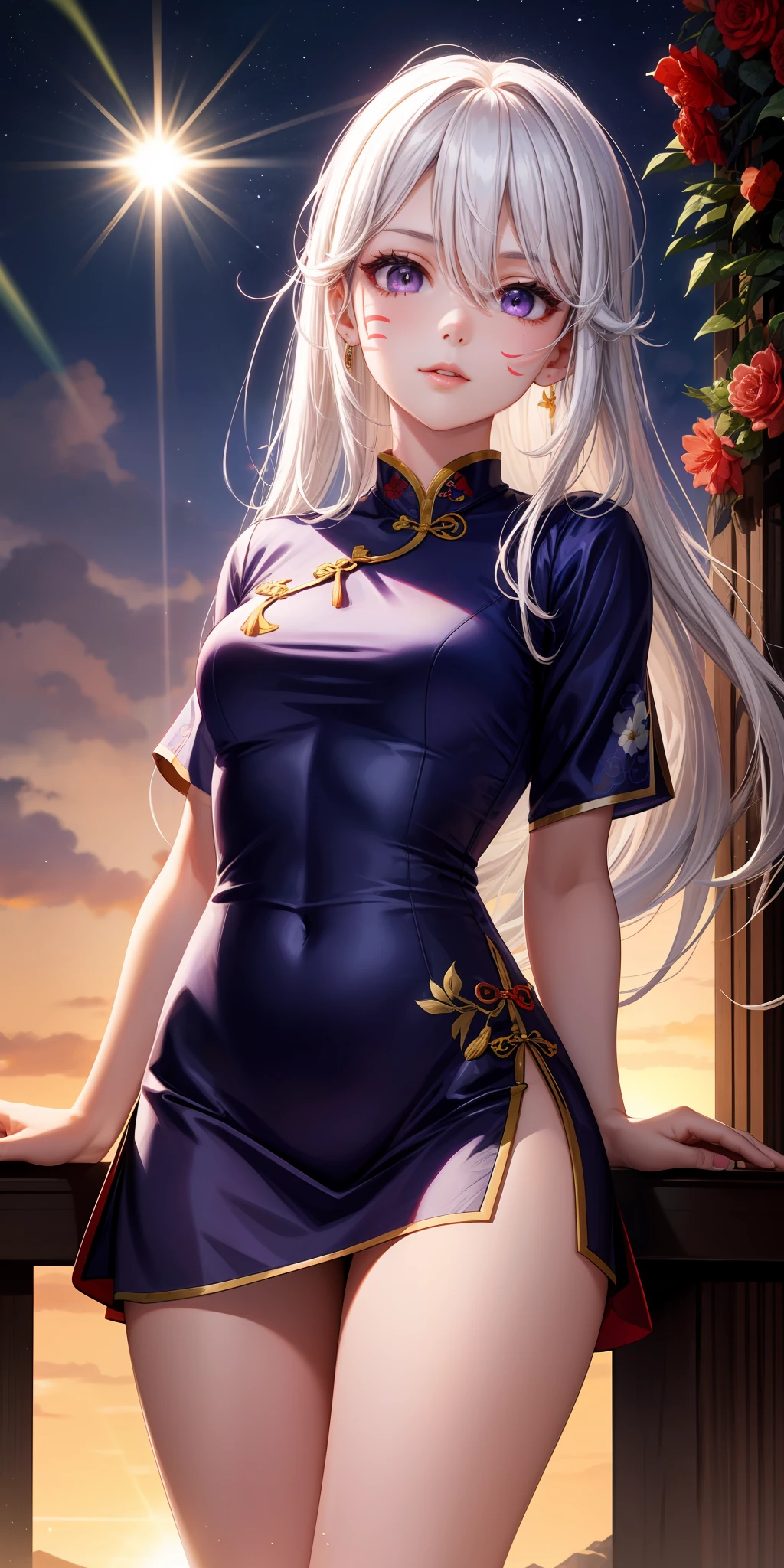 realisticlying,1girl,White hair,ChineseGirl,Purple eye,glowing light eyes,Cut the top,a skirt,parted lip,Be red in the face,the night,fresh flowers,suns,rays of sunshine,on cheongsam