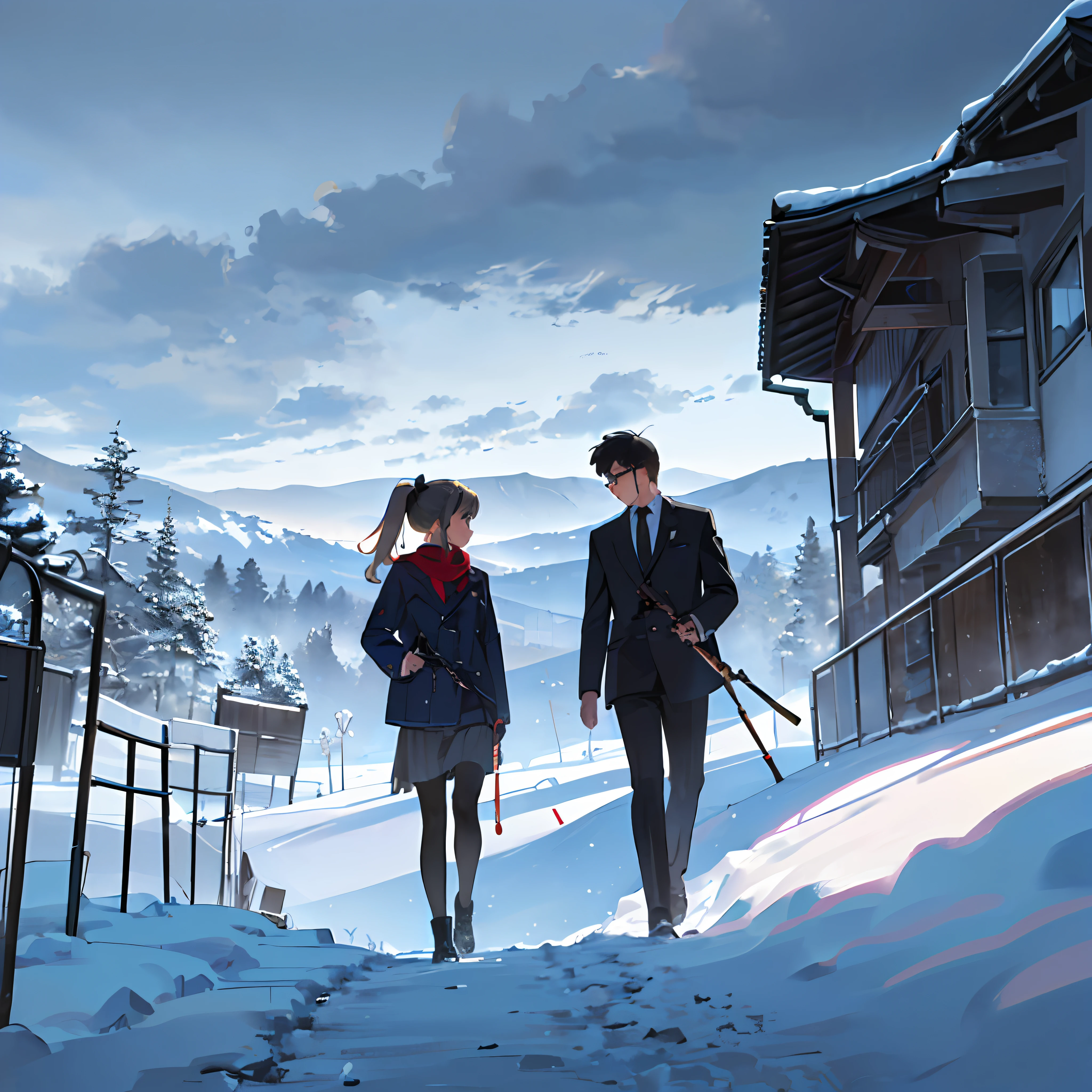 ((Long blonde hair with side ponytail+Red bow+Slanted glasses+Slim+Blue scarf+Long black tie+eye glass+tie clip+White shirt+Black tactical chest hanging+Handheld long antenna walkie-talkie+Navy Blue Storm jacket+Navy blue pen holder skirt+Combat boots+Black hip tights+Walking+Long saber at the waist:1.2)|eye glass)(akimbo+Raise an eyebrow)(On the peaks+Heavy snow+Mountain background+Wolf smoke in the distance) (quadratic element|Two-dimensional style)