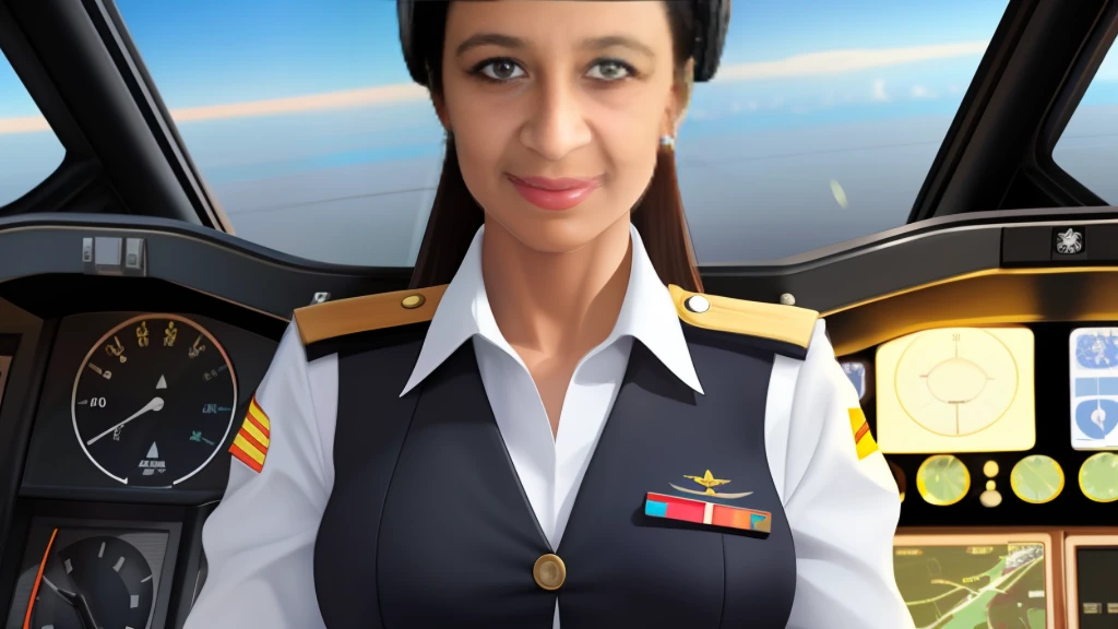 mulher bela ,Awesome,cabelos negros, , airplane pilot's uniform, dentro do cockpit -8k