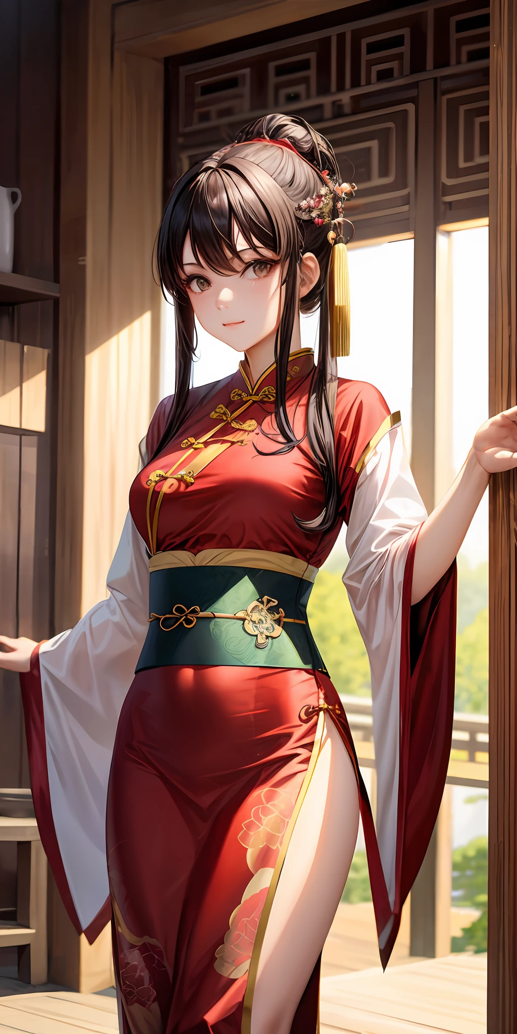 1girl, (hanfu), with light glowing, sidelighting, Wallpapers,ChineseGirl,on cheongsam,mature
