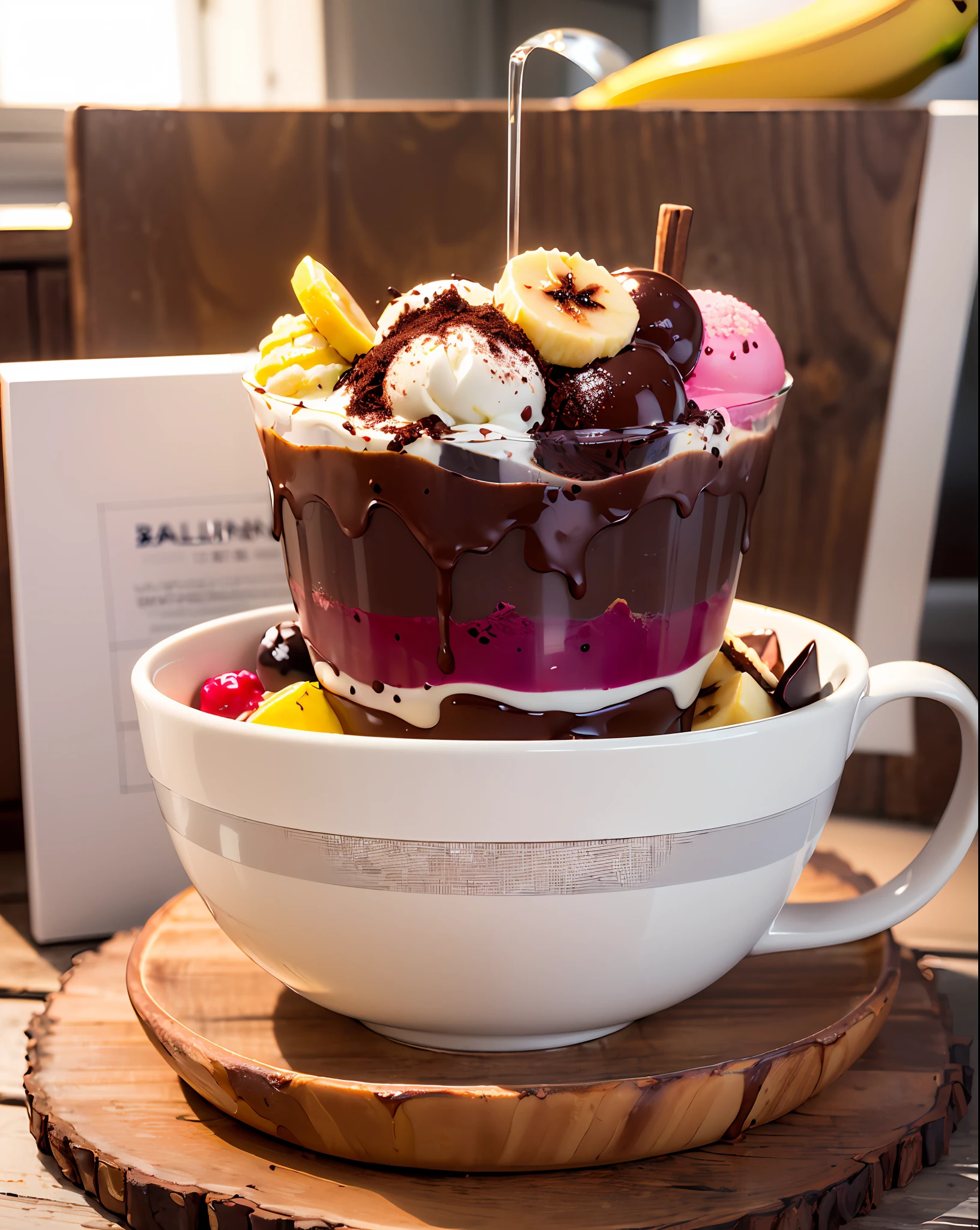 Fotografia comercial por (ice cream with açaí in a boat with condensed milk, balinhas coloridas, castanhas, Milk Powder, rodelas de banana e calda de chocolate), studiolight, hiper-detalhado, fundo preto isolado, Professional Color Grading, white lighting
