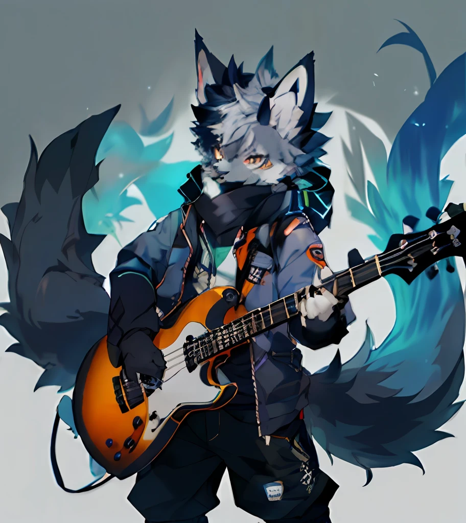 One wears a gray coat and black(fluffy anthro furry:1.3), Furry gray wolf, (Michiru:1.1),, 1boy, Solo, whaite hair, Two-color hair, (Colorful eyes:1.3), Wolf ears, Electric bass