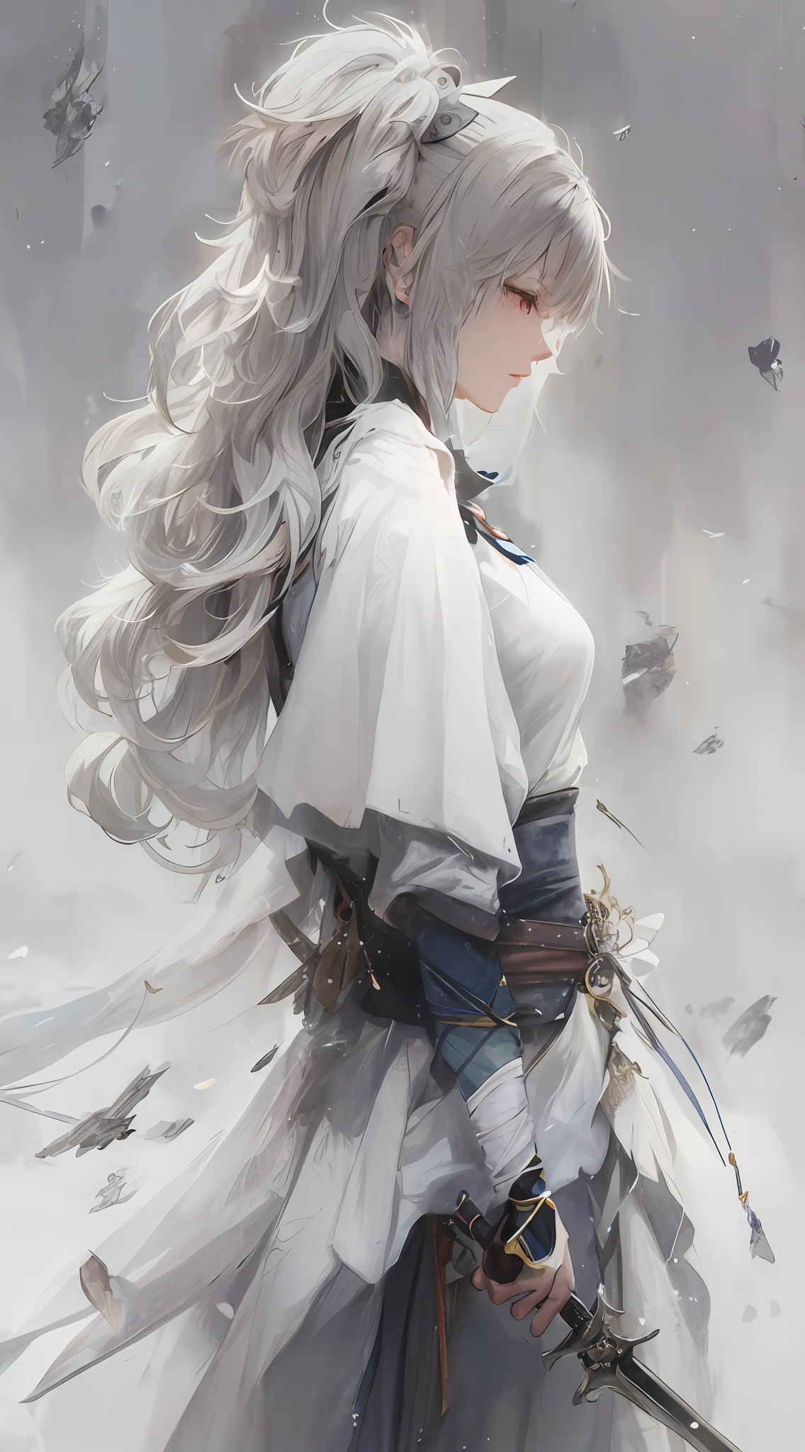 anime girl with long white hair holding a sword and a sword, Guweiz in Pixiv ArtStation, Guweiz on ArtStation Pixiv, Guviz-style artwork, Guviz, Beautiful anime artwork, Beautiful character painting, Anime art wallpaper 4k, Anime art wallpaper 4 K, Anime art wallpaper 8 K