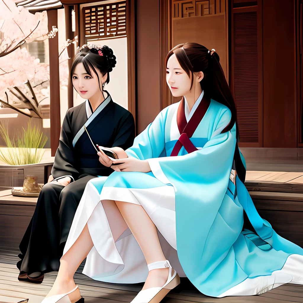 The woman on the right is wearing a cool and revealing Hanfu