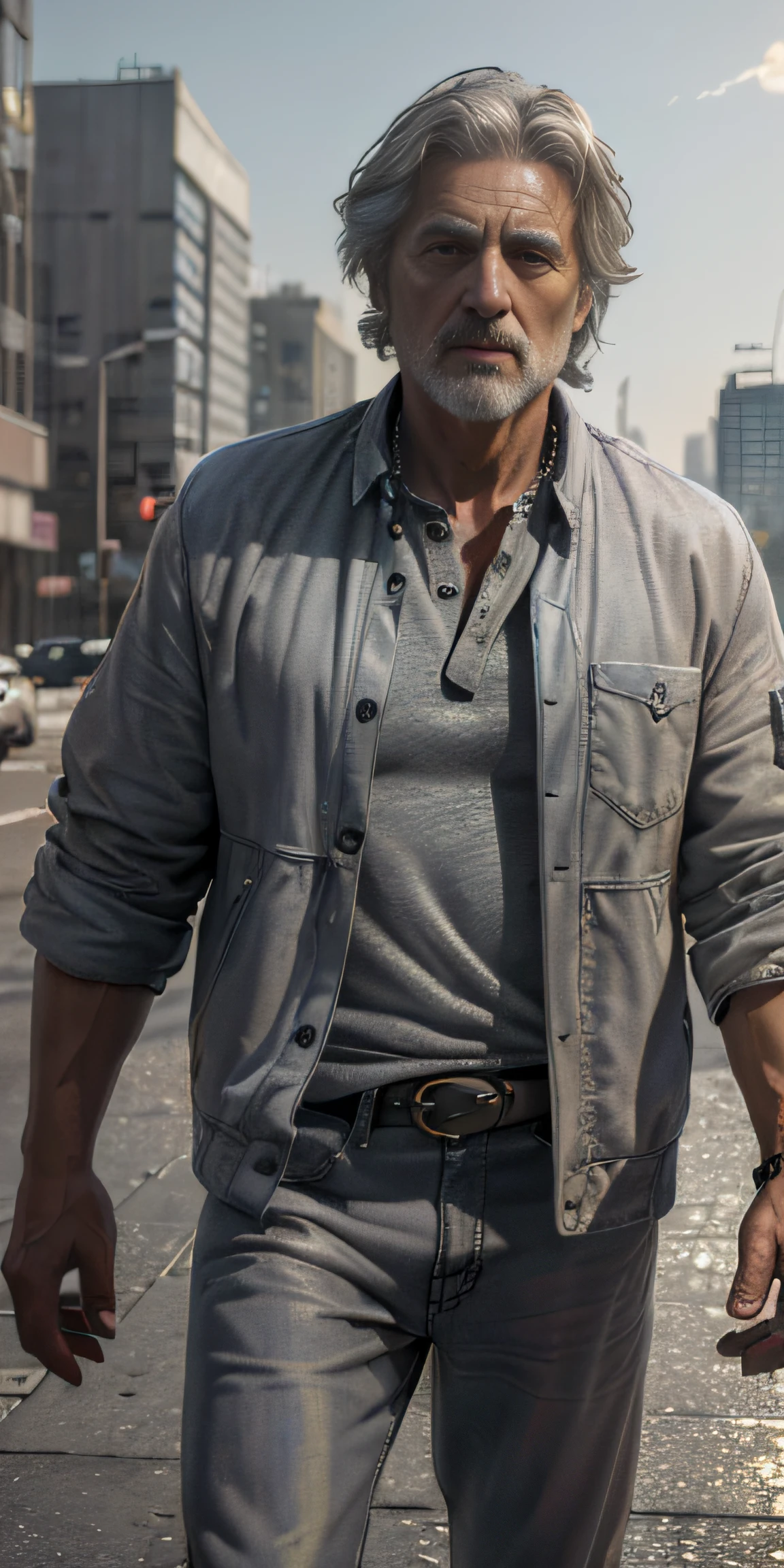 ((Realistic lighting, Best quality, 8K, Masterpiece: 1.3)), Clear focus: 1.2, Urban landscape, Old superhero with kind eyes and long disheveled gray hair resembling a vagabond.