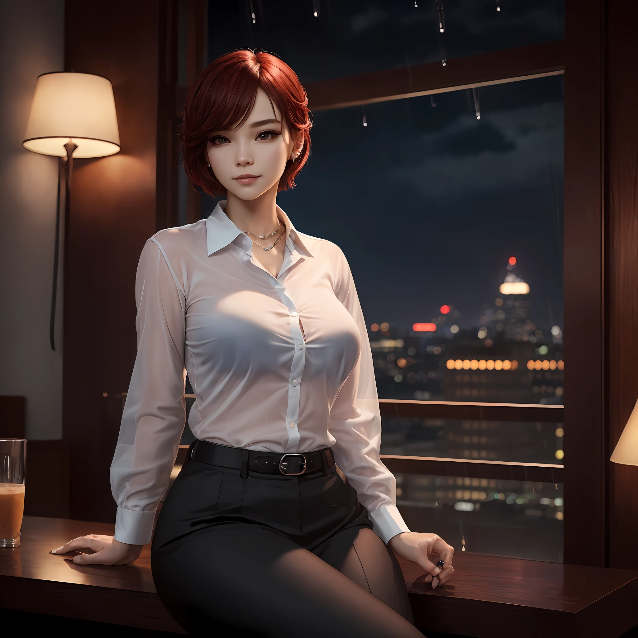 (8k, top quality, masterpiece: 1.2), (realistic, photorealistic: 1.37), AOA jimin, suit, constriction, super detailed, girl single, cute, solo, beautiful detailed sky, Detailed café, night, sitting, date, (blush), (smile: 1.15), (closed mouth) small, fine beautiful eyes, (collared shirt: 1.1), night, wet, office clothes, rain, white lace, ( Shorthair: 1.2), Floating NovaFrogStyle, gigantic saggy breasts --auto
