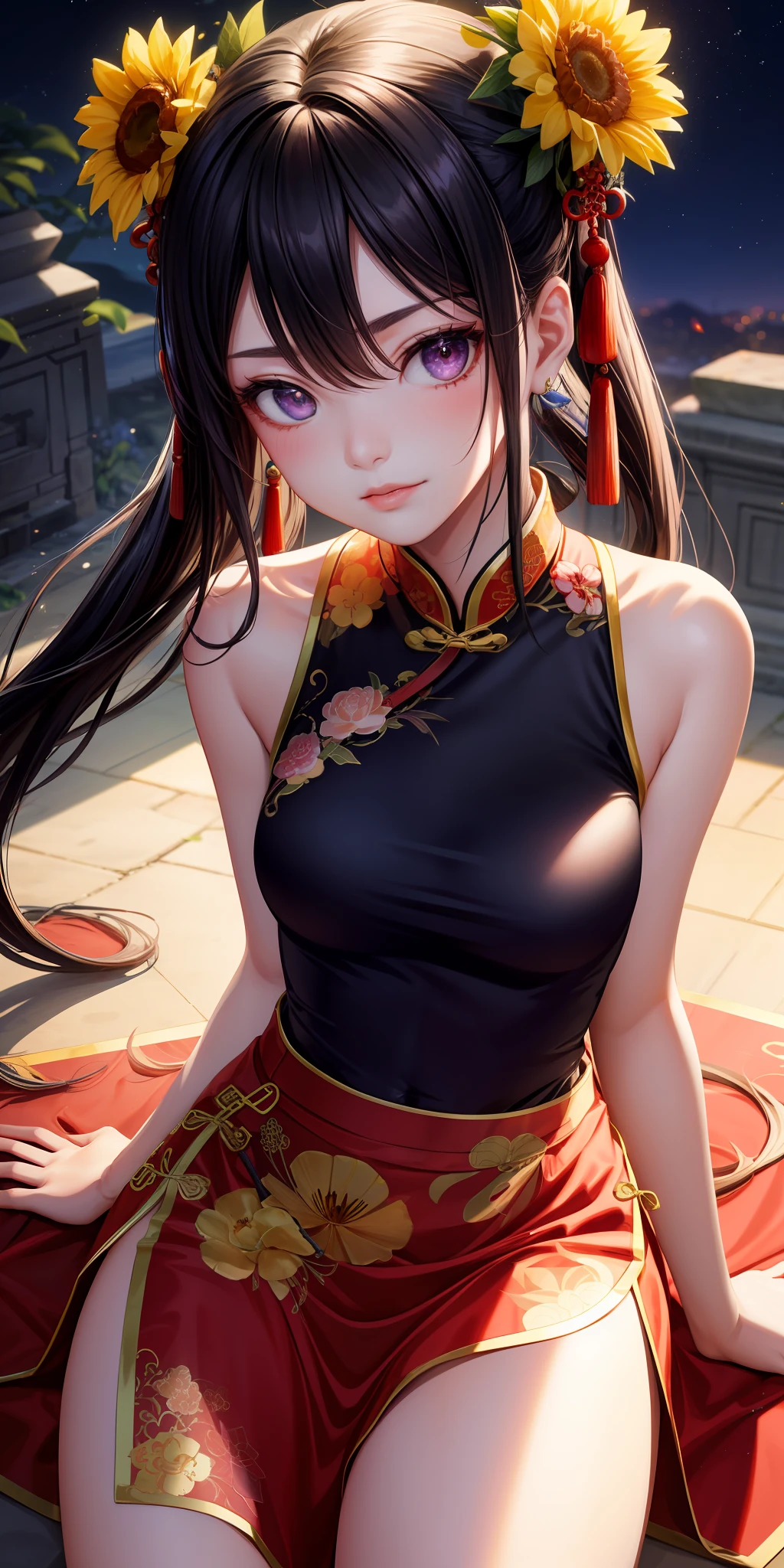 realisticlying,1girl,cabelos preto e longos,ChineseGirl,Purple eye,glowing light eyes,Cut the top,a skirt,parted lip,Be red in the face,the night,fresh flowers,suns,rays of sunshine,on cheongsam,ancient chinese background。