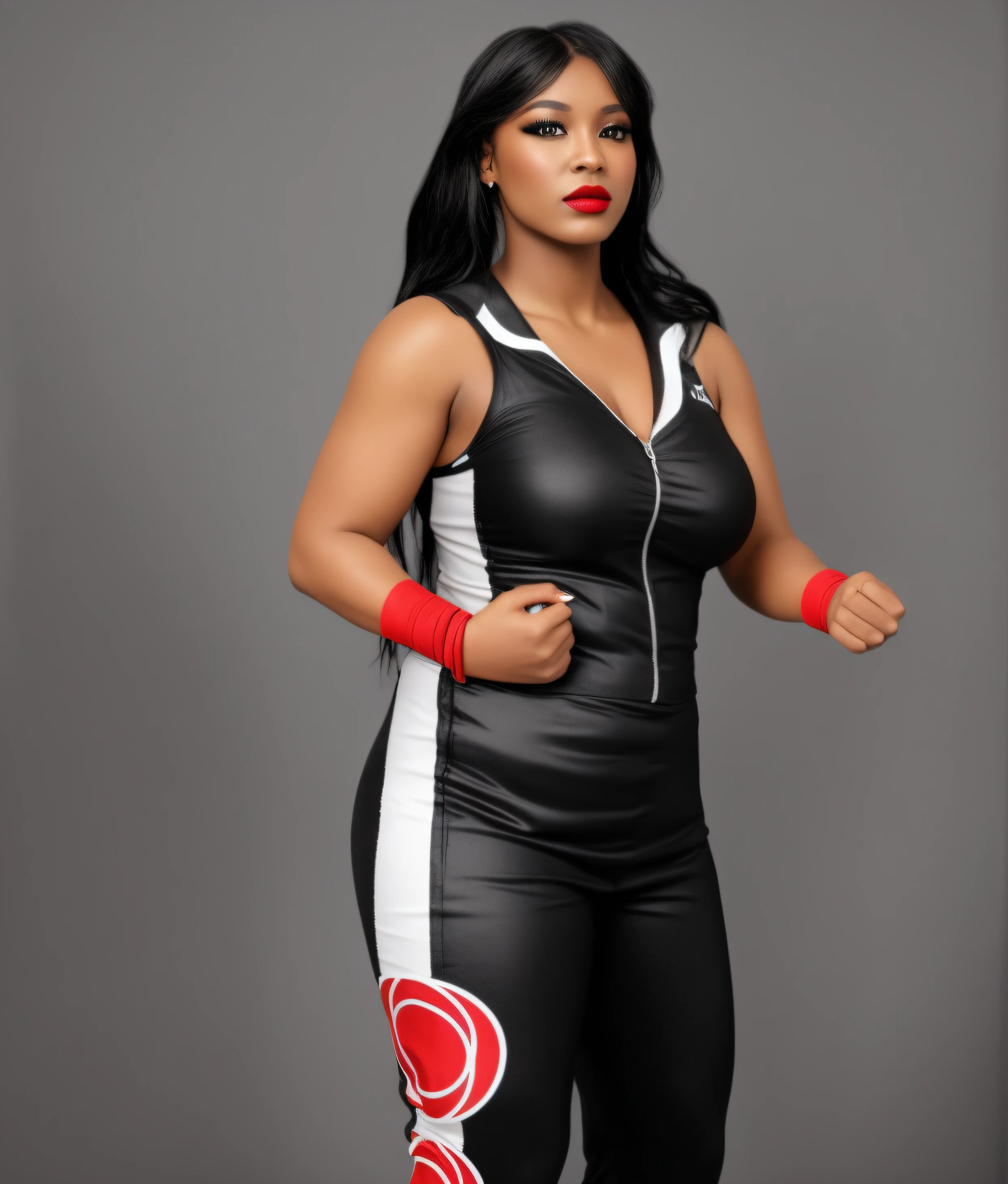((masterpiece, best quality)), Heavyset Black female wrestler with long hair, in black white and red jumpsuit, red wristbands, wearing makeup and lipstick, photo realistic, intricate details